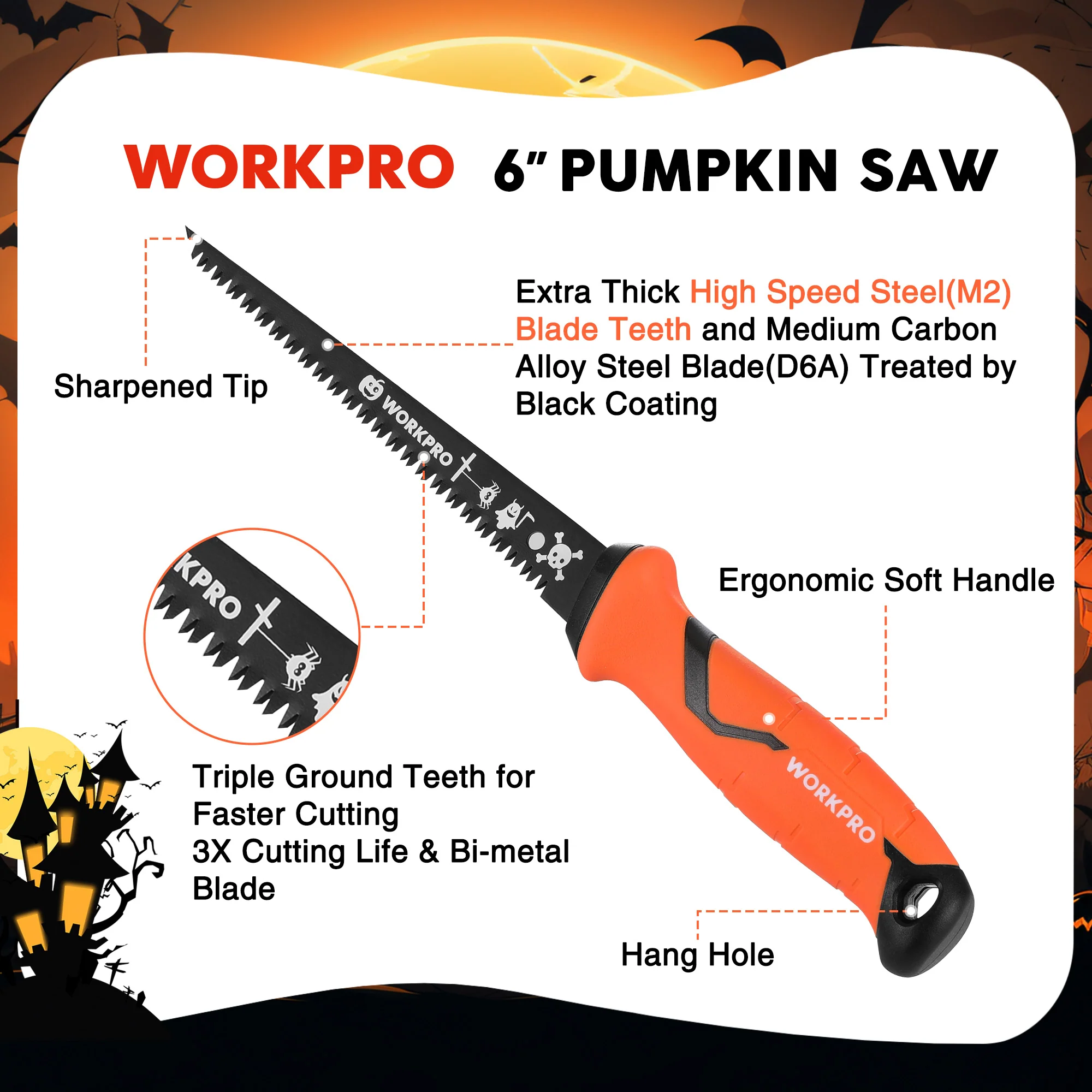 WORKPRO 6-inch Bi-metal Blade Pumpkin Drywall Saw & Pumpkin Carving Saw with TPR Handle, Professional Pumpkin Carving Tools for Adults with Gift Box - Image 3