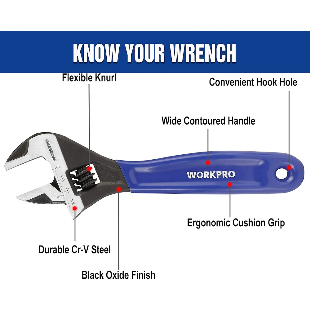 WORKPRO 6-Inch Compact Adjustable Wrench, Wide Jaw Cr-V Steel Black Oxide Finish, for Medium-Duty Use (M6¨CM16 Bolts), Metric & SAE Scales, for Home, Garage, DIY & Light Workshop Applications - Image 2