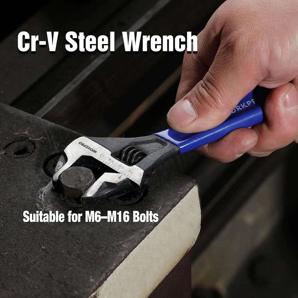 WORKPRO 6-Inch Compact Adjustable Wrench, Wide Jaw Cr-V Steel Black Oxide Finish, for Medium-Duty Use (M6¨CM16 Bolts), Metric & SAE Scales, for Home, Garage, DIY & Light Workshop Applications - Image 6