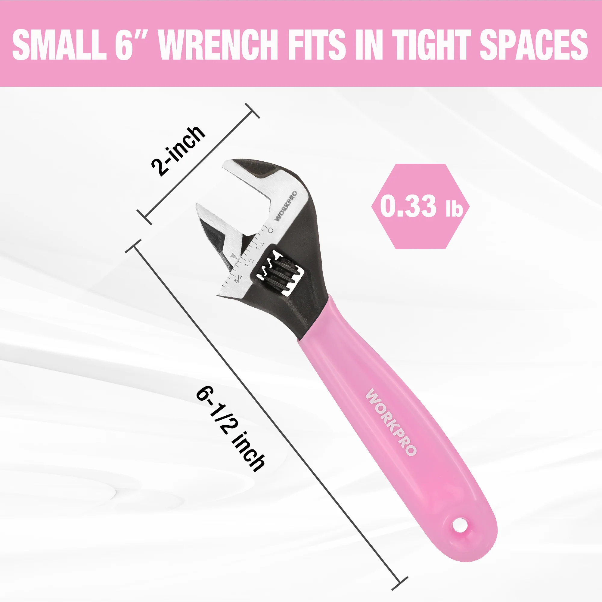 WORKPRO 6-Inch Cr-V Steel Pink Adjustable Wrench, Wide Jaw Black Oxide, Metric & SAE Scales - Pink Ribbon - Image 2