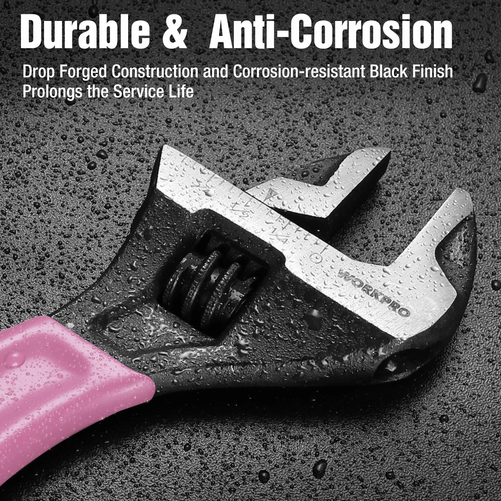WORKPRO 6-Inch Cr-V Steel Pink Adjustable Wrench, Wide Jaw Black Oxide, Metric & SAE Scales - Pink Ribbon - Image 3