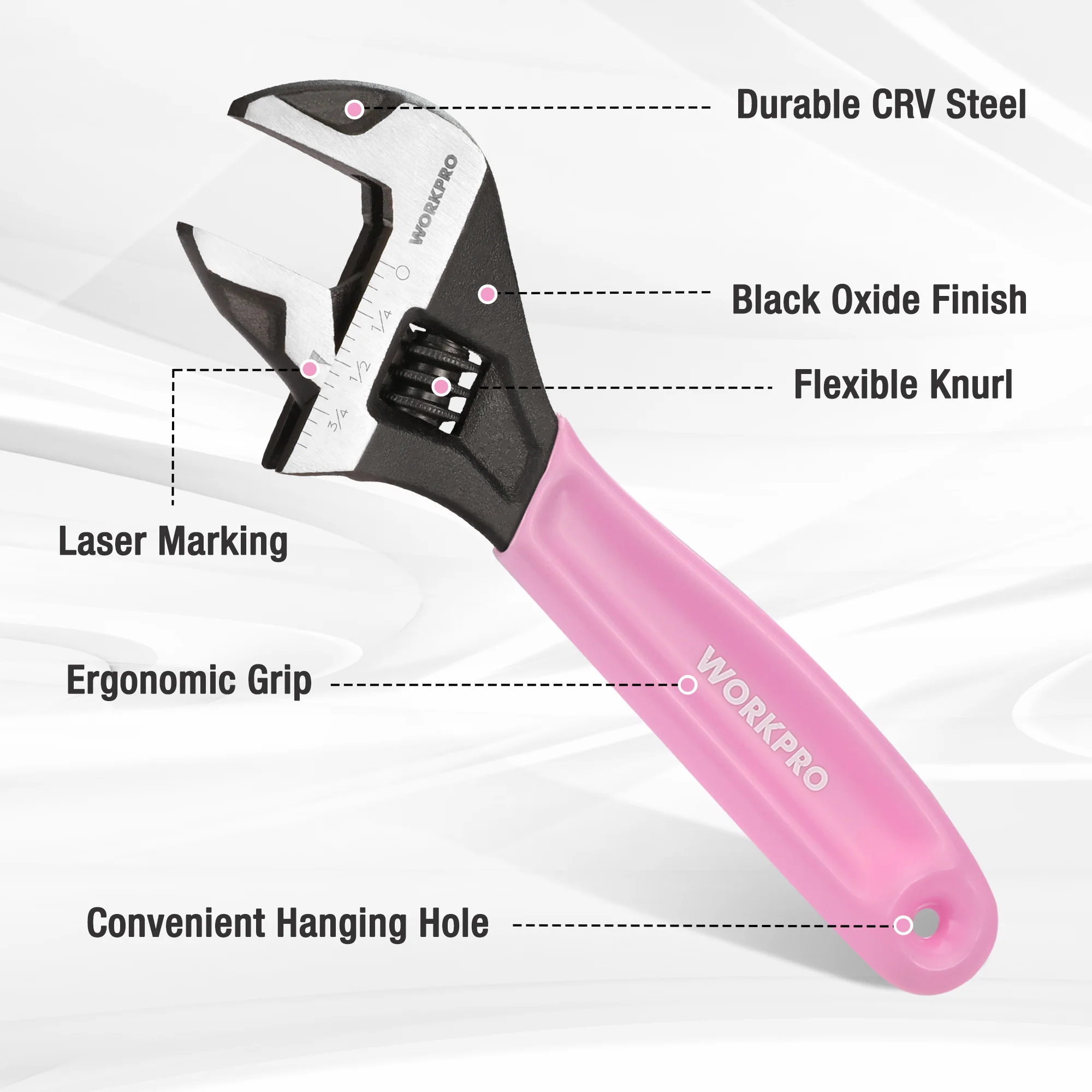 WORKPRO 6-Inch Cr-V Steel Pink Adjustable Wrench, Wide Jaw Black Oxide, Metric & SAE Scales - Pink Ribbon - Image 4
