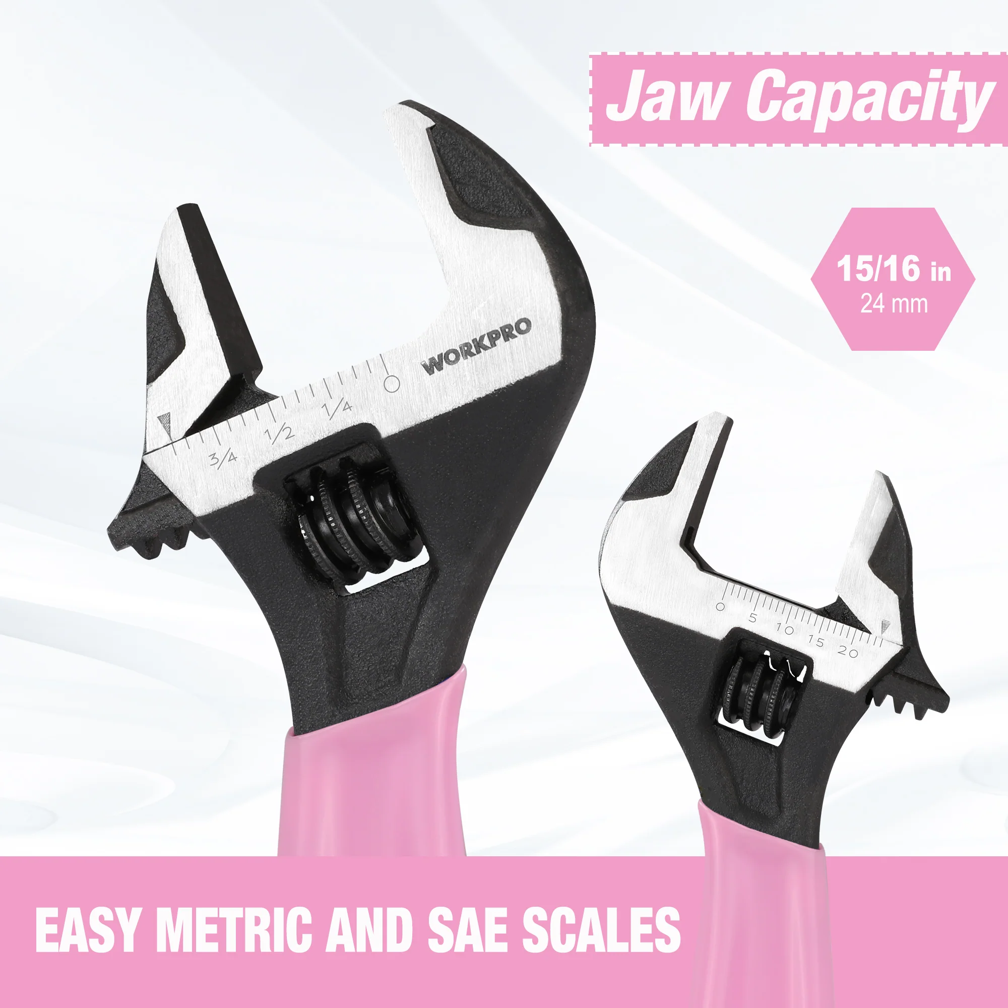 WORKPRO 6-Inch Cr-V Steel Pink Adjustable Wrench, Wide Jaw Black Oxide, Metric & SAE Scales - Pink Ribbon - Image 5