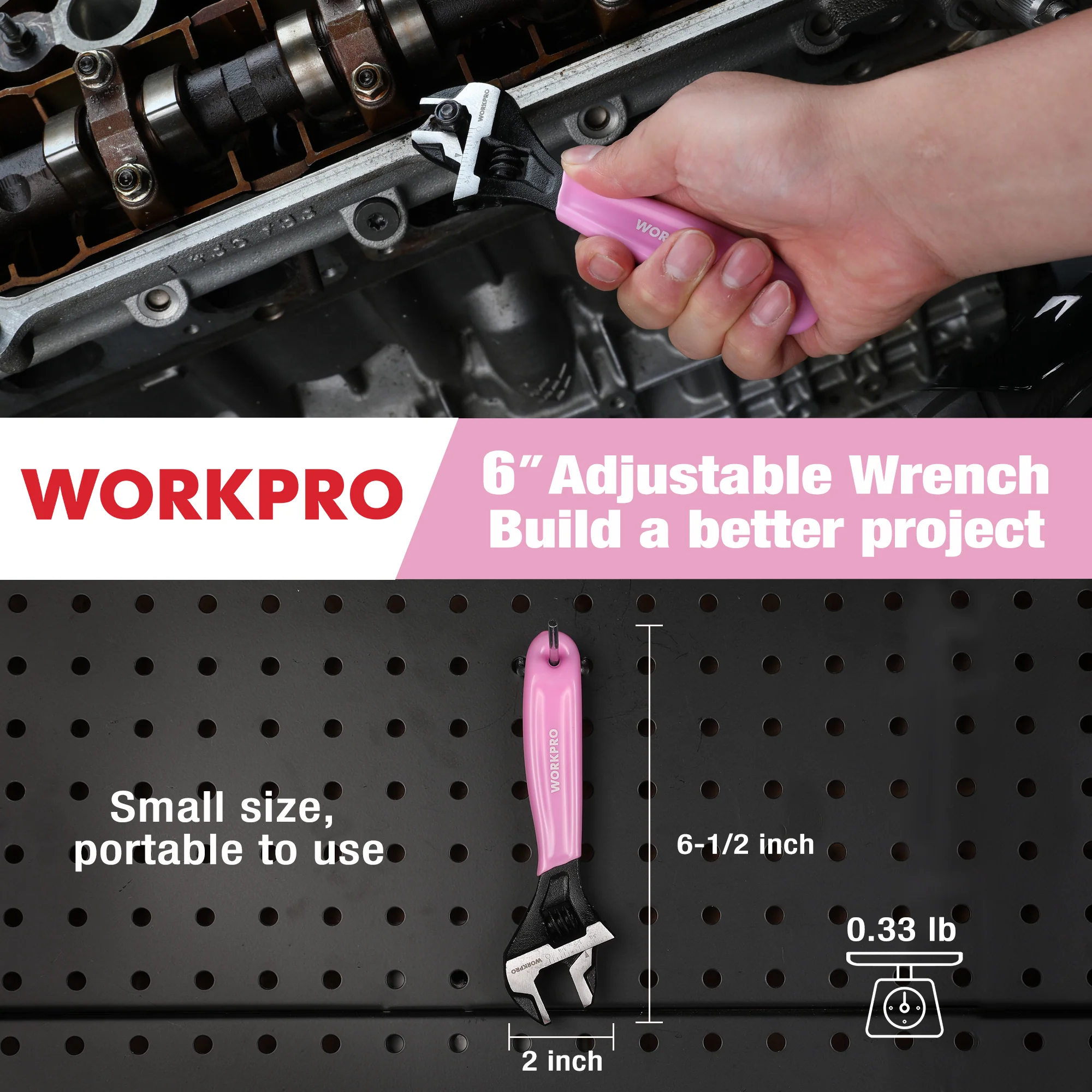 WORKPRO 6-Inch Cr-V Steel Pink Adjustable Wrench, Wide Jaw Black Oxide, Metric & SAE Scales - Pink Ribbon - Image 7