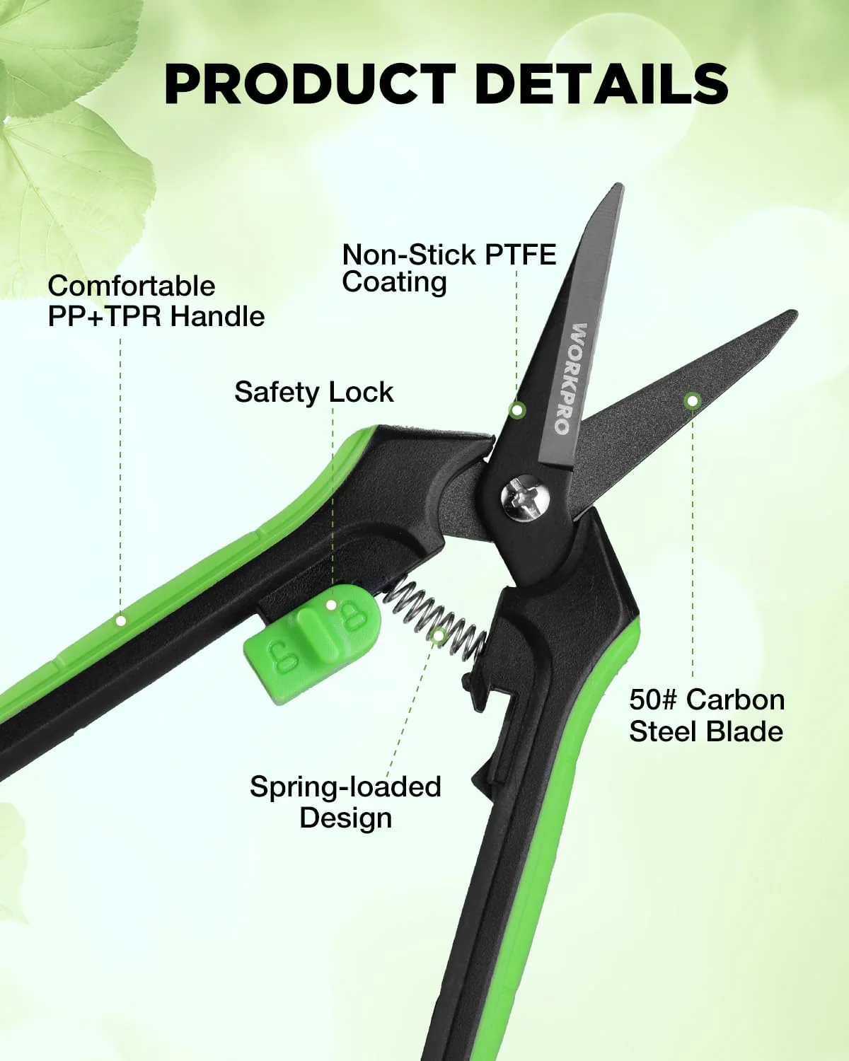 WORKPRO 6-Inch Garden Pruning Shears, Sharp High-Carbon Steel Harvest Snips with Nonstick Teflon Coating, Spring-Loaded Gardening Scissors with Safety Lock, for Flower, Fruit & Vegetable Picking - Image 3