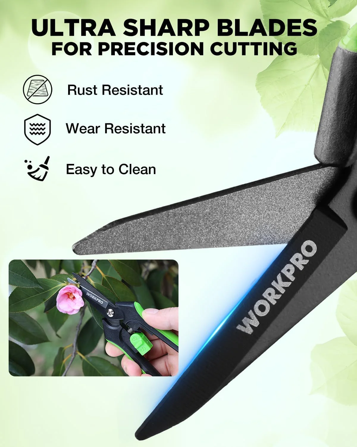 WORKPRO 6-Inch Garden Pruning Shears, Sharp High-Carbon Steel Harvest Snips with Nonstick Teflon Coating, Spring-Loaded Gardening Scissors with Safety Lock, for Flower, Fruit & Vegetable Picking - Image 4