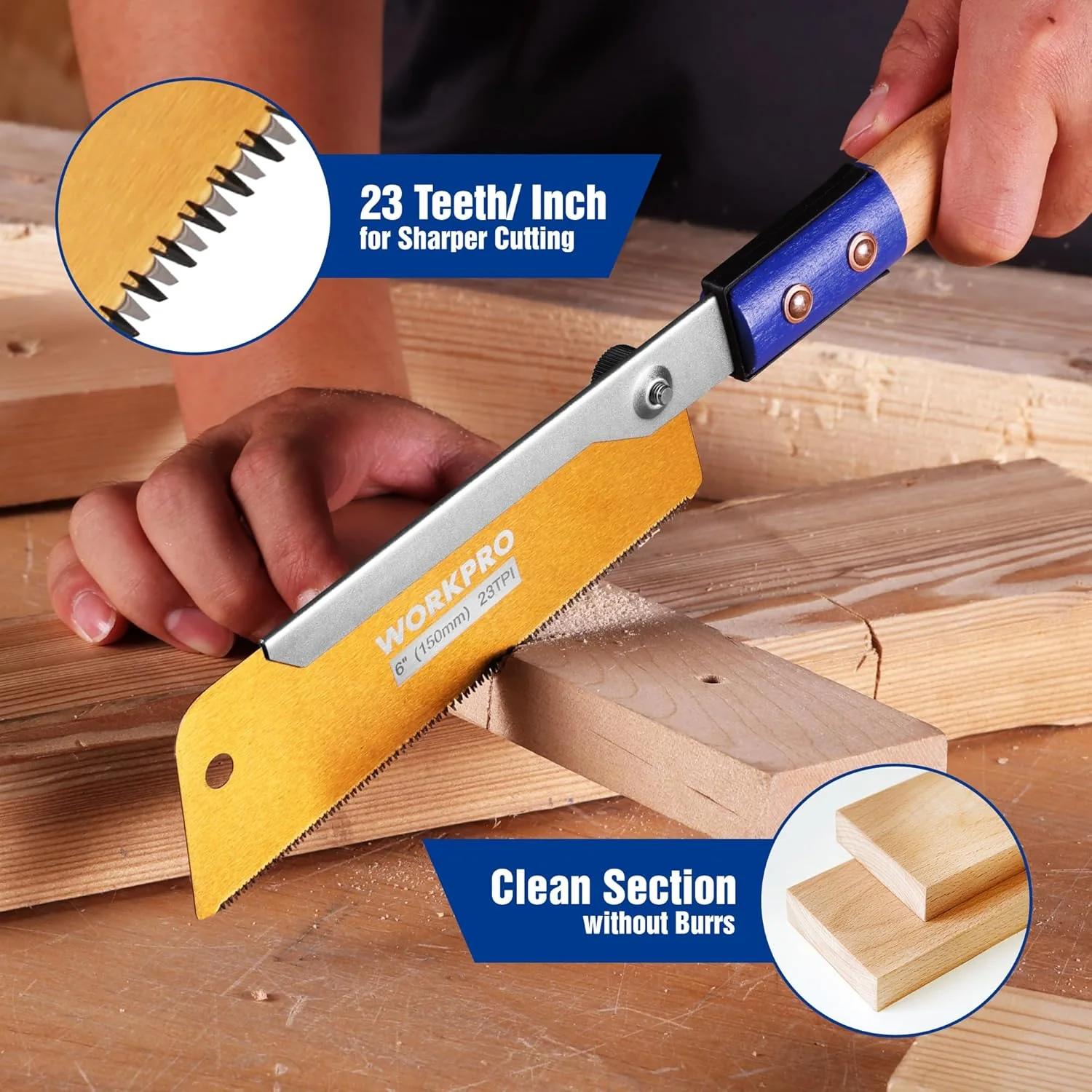 WORKPRO 6 Inch Japanese Pull Saw, 23 TPI SK5 Flexible Blade Dovetail Saw with Non-Slip Beech Handle for Dovetails, Tenons and Precision Woodworking - Image 4