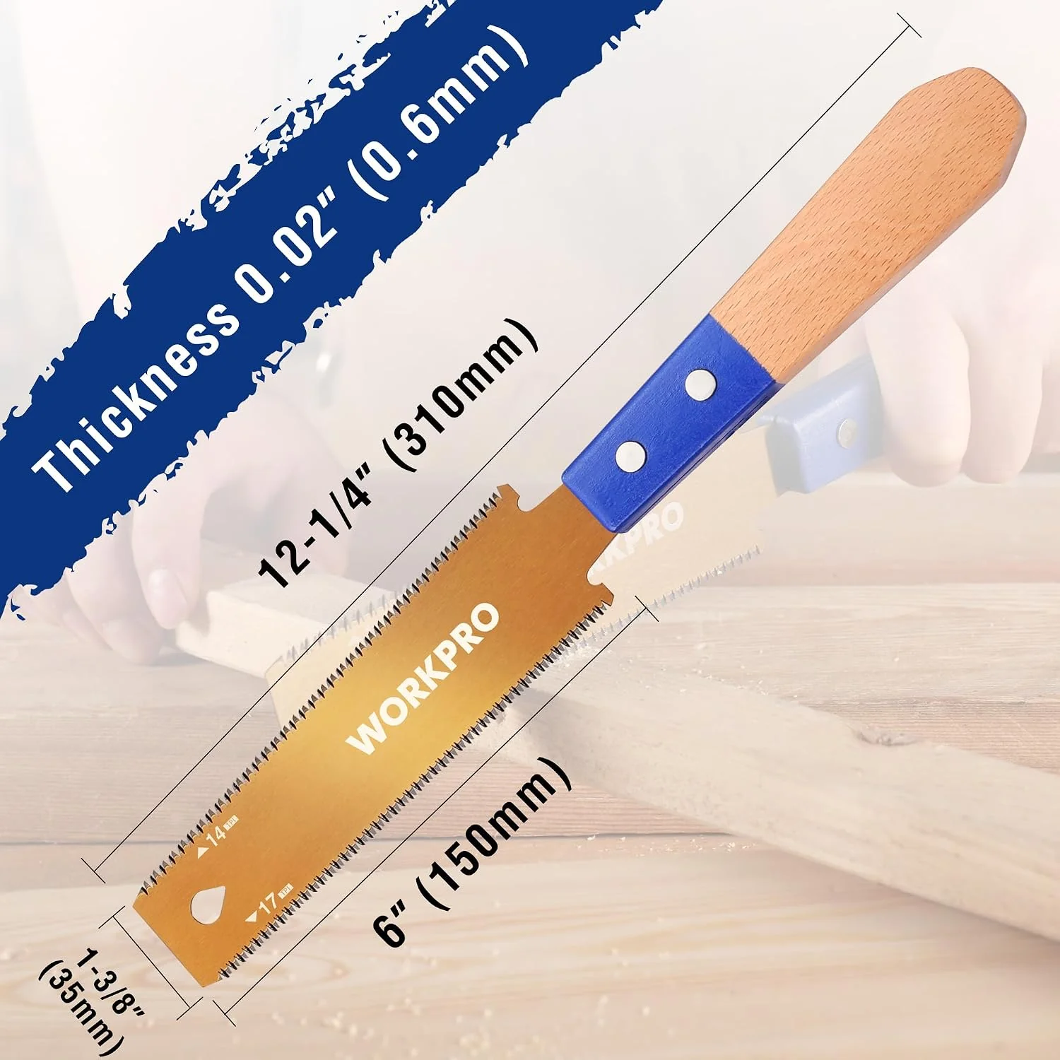 WORKPRO 6 Inch Japanese Pull Saw, Double-Edged Hand Saw for Wood Cutting with 14&17 TPI, SK5 Flexible Blade Flush Cut Saw with Non-Slip Beech Handle, Narrow Head for Fine Woodworking - Image 2