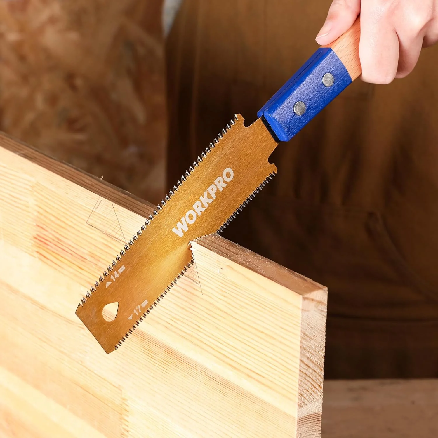 WORKPRO 6 Inch Japanese Pull Saw, Double-Edged Hand Saw for Wood Cutting with 14&17 TPI, SK5 Flexible Blade Flush Cut Saw with Non-Slip Beech Handle, Narrow Head for Fine Woodworking - Image 3