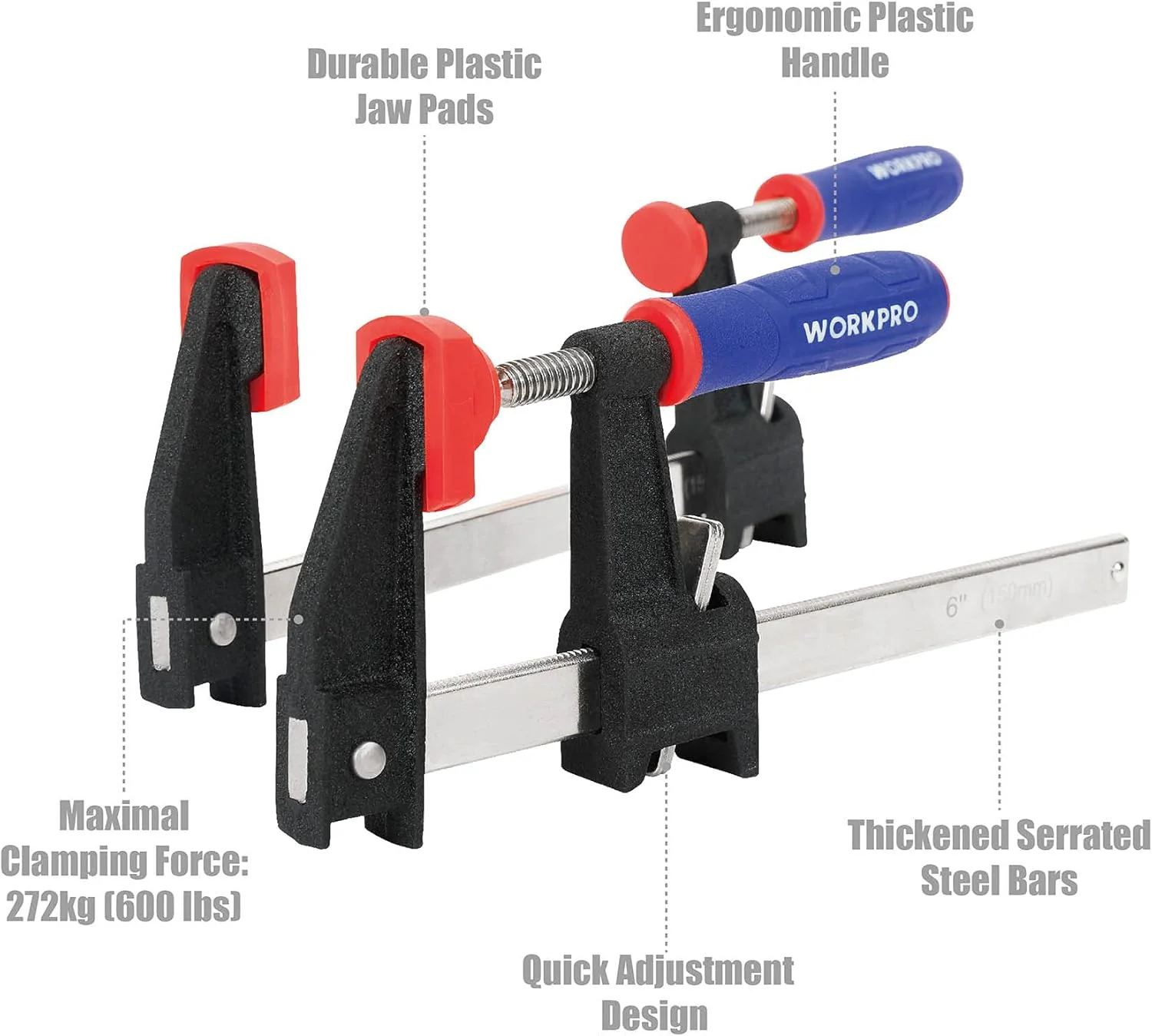 WORKPRO 6-Inch Steel Bar Clamps Set, 2-pack Quick-Release Clutch Style Bar Clamps with 2-1/2" Throat, Micro-Adjustment Handle and 600 lbs Load Limit, Steel F Clamp for Woodworking, Metalworking, DIY - Image 3