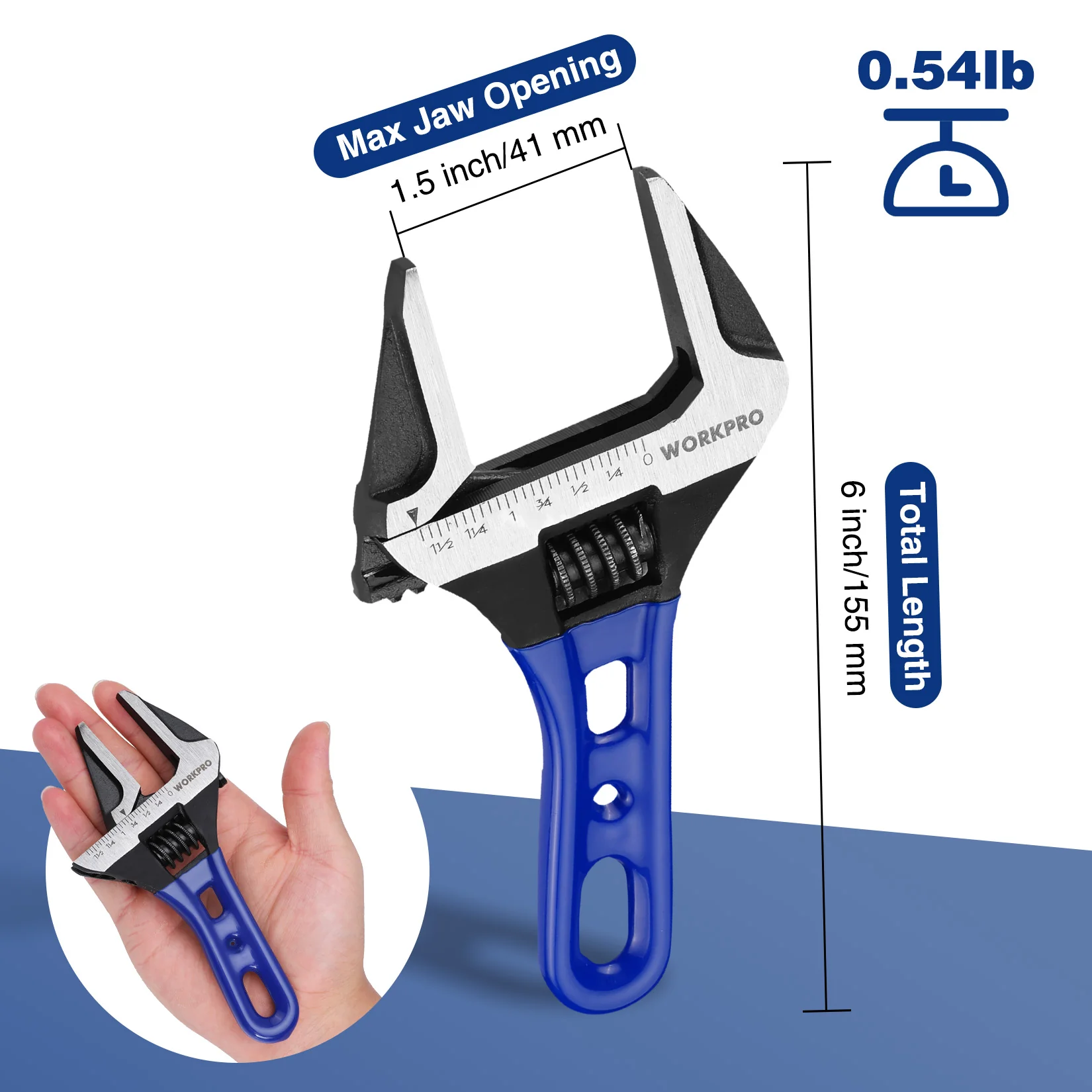 WORKPRO 6-Inch Stubby Adjustable Wrench, 1.5-Inch Extra Wide Jaw Opening Wrench, Metric/SAE Scales - Image 2