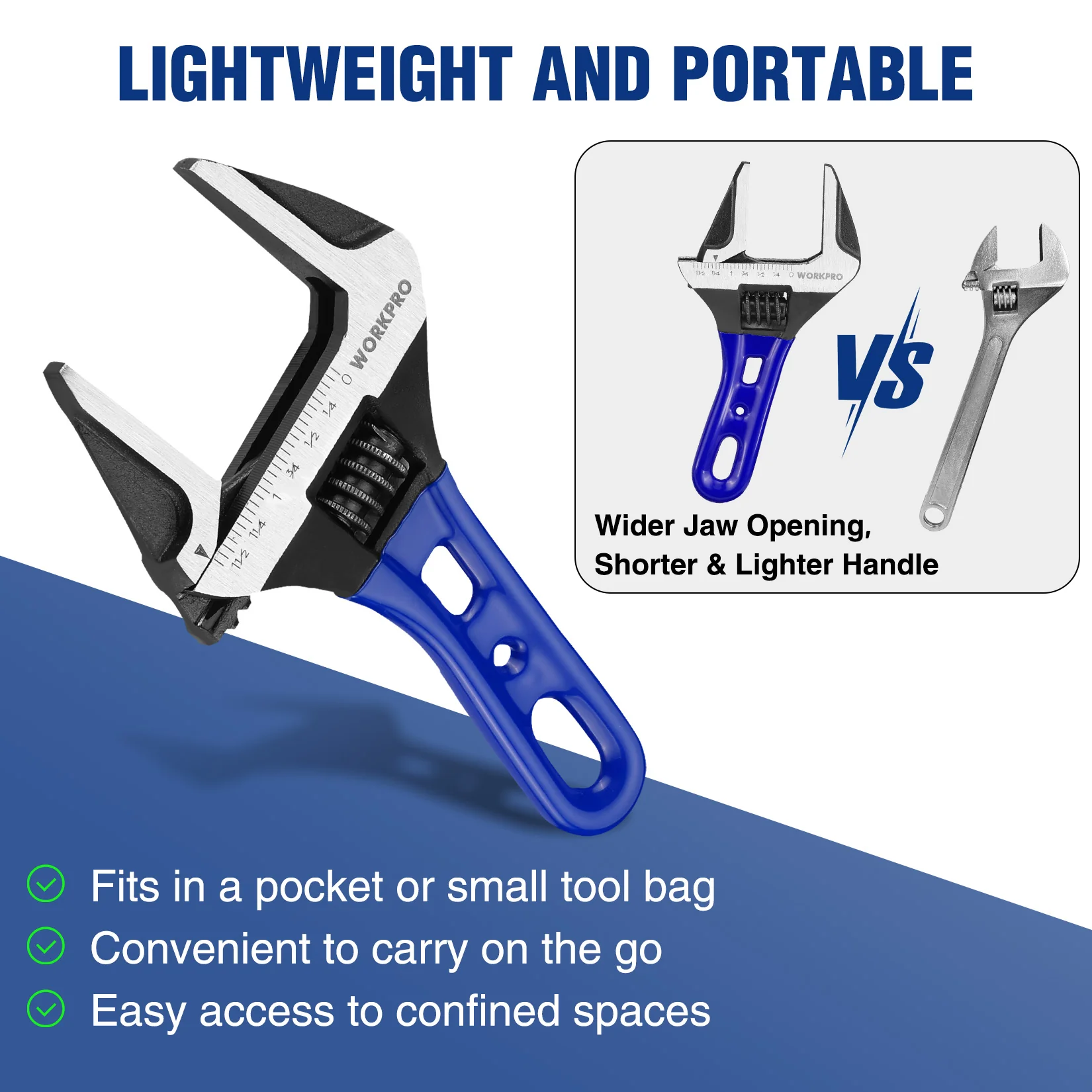 WORKPRO 6-Inch Stubby Adjustable Wrench, 1.5-Inch Extra Wide Jaw Opening Wrench, Metric/SAE Scales - Image 3