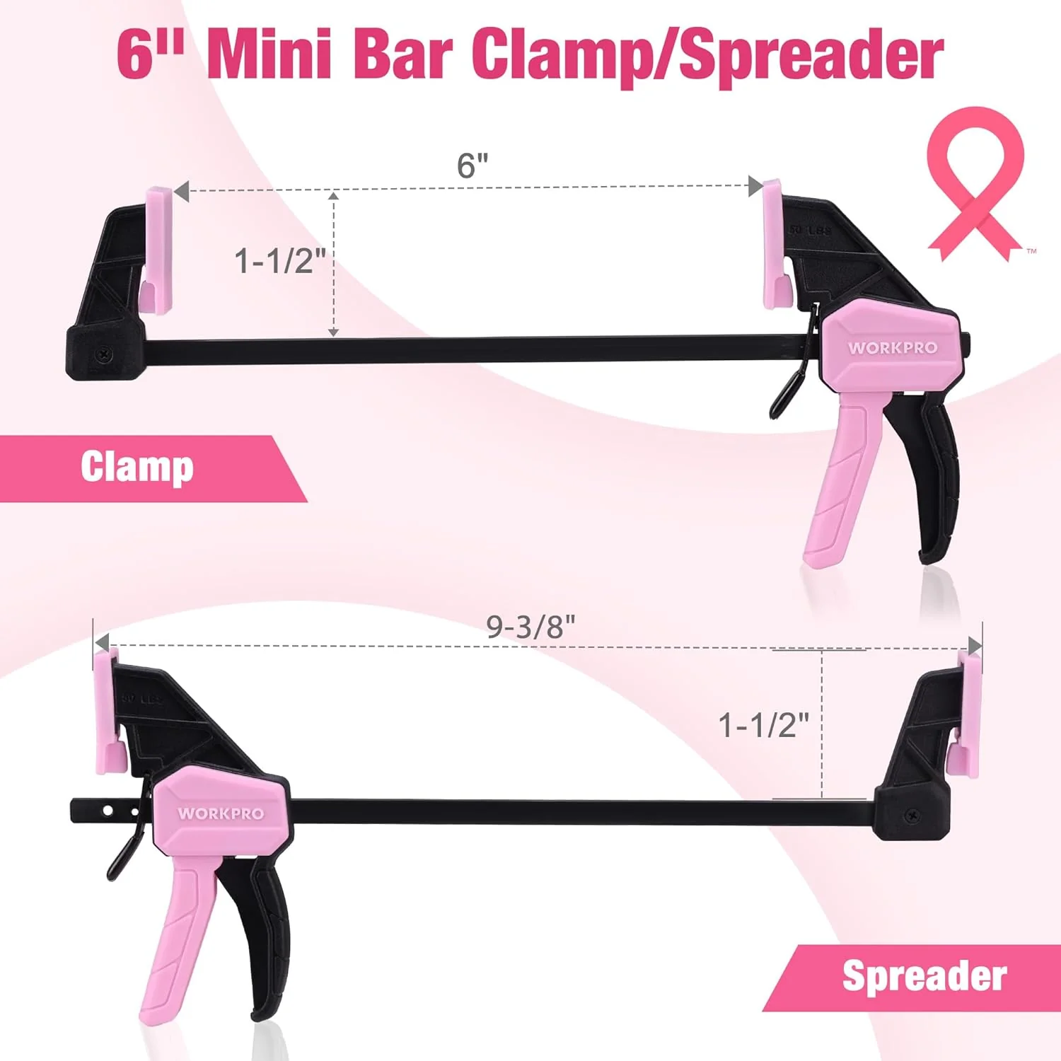 WORKPRO 6" Mini Bar Clamps for Woodworking, 2-Pack One-Handed Clamp/Spreader, Light-Duty Screw-Change F Clamp with 50lbs Load Limit, Pink Ribbon - Image 2