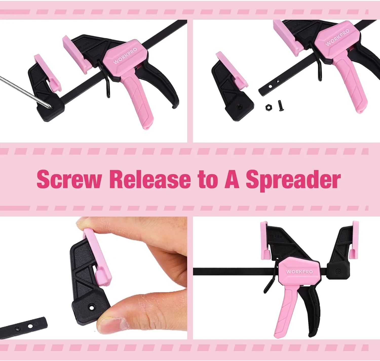 WORKPRO 6" Mini Bar Clamps for Woodworking, 2-Pack One-Handed Clamp/Spreader, Light-Duty Screw-Change F Clamp with 50lbs Load Limit, Pink Ribbon - Image 4