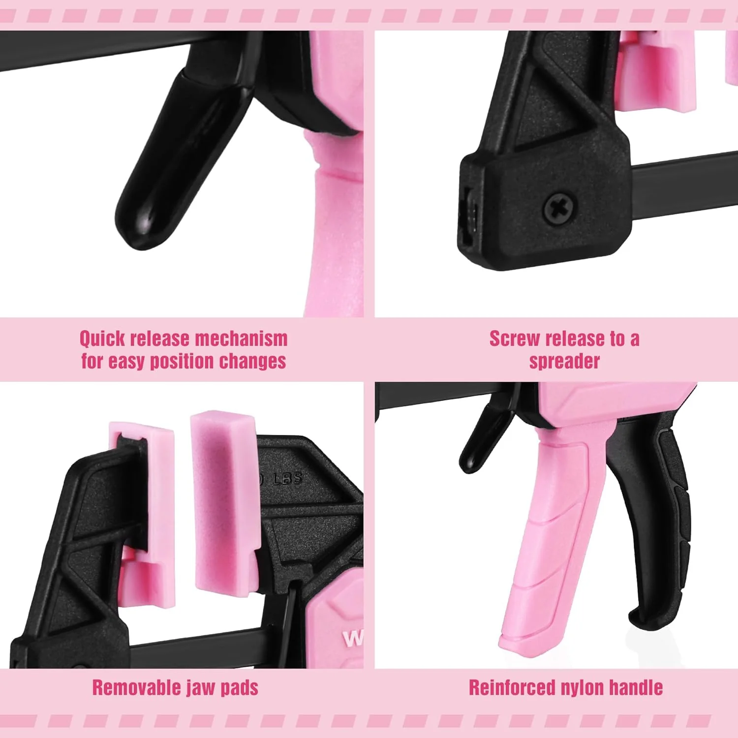 WORKPRO 6" Mini Bar Clamps for Woodworking, 2-Pack One-Handed Clamp/Spreader, Light-Duty Screw-Change F Clamp with 50lbs Load Limit, Pink Ribbon - Image 5