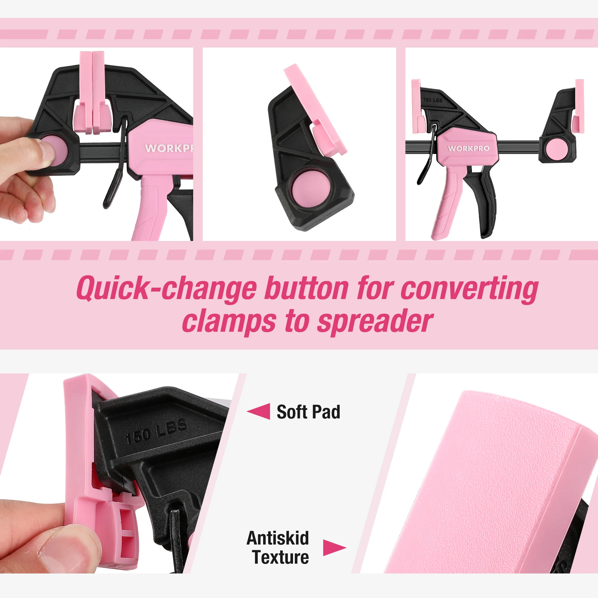 WORKPRO 6-Pack Bar Clamps for Woodworking, 4PC 6" & 2PC 12" Wood Clamp Set with 150 lbs Load Limit - Pink Ribbon - Image 5