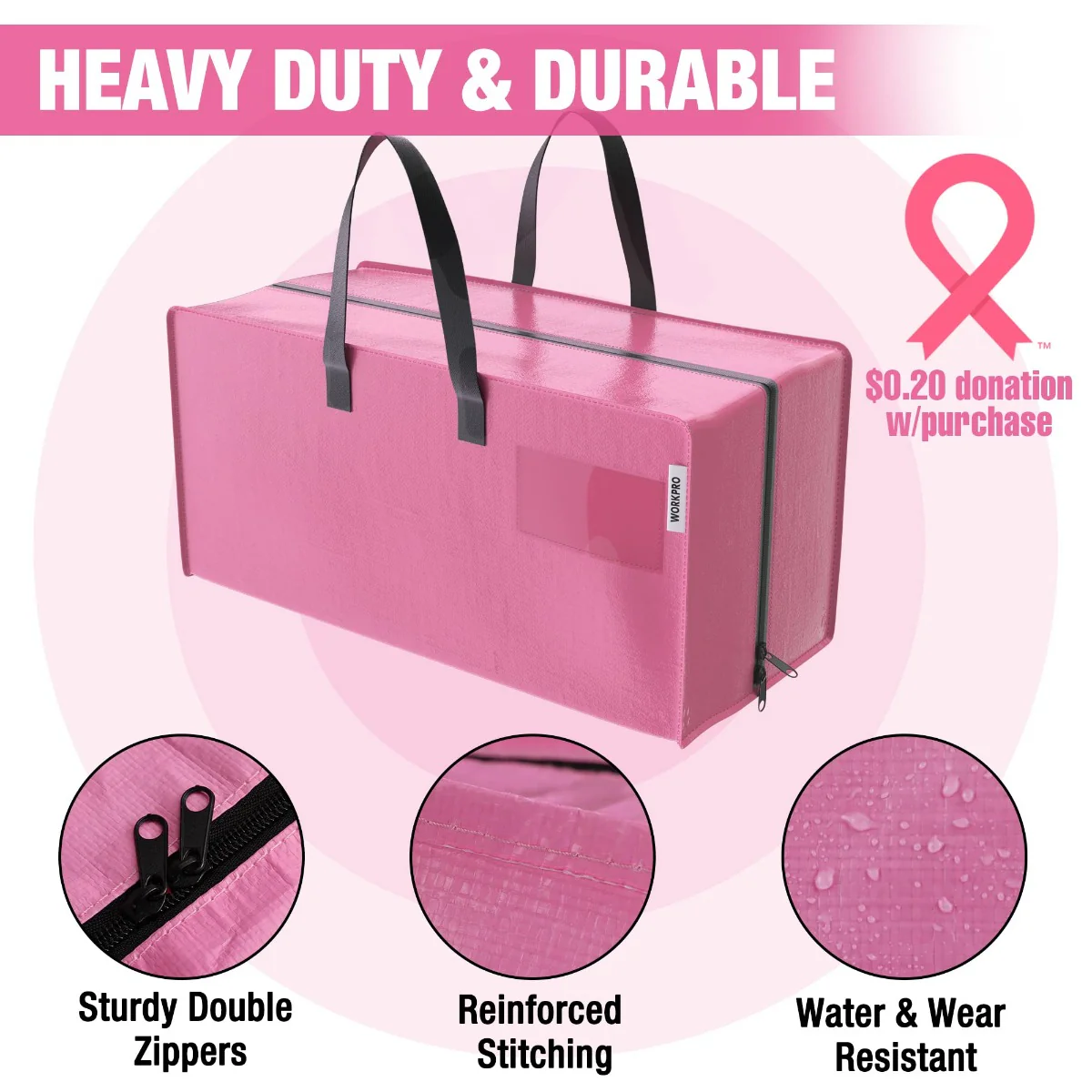 WORKPRO 6 Pack Extra Large Heavy-Duty Storage Moving Tote Bags with Zippers & Carrying Handles Backpack Straps - Pink Ribbon - Image 3