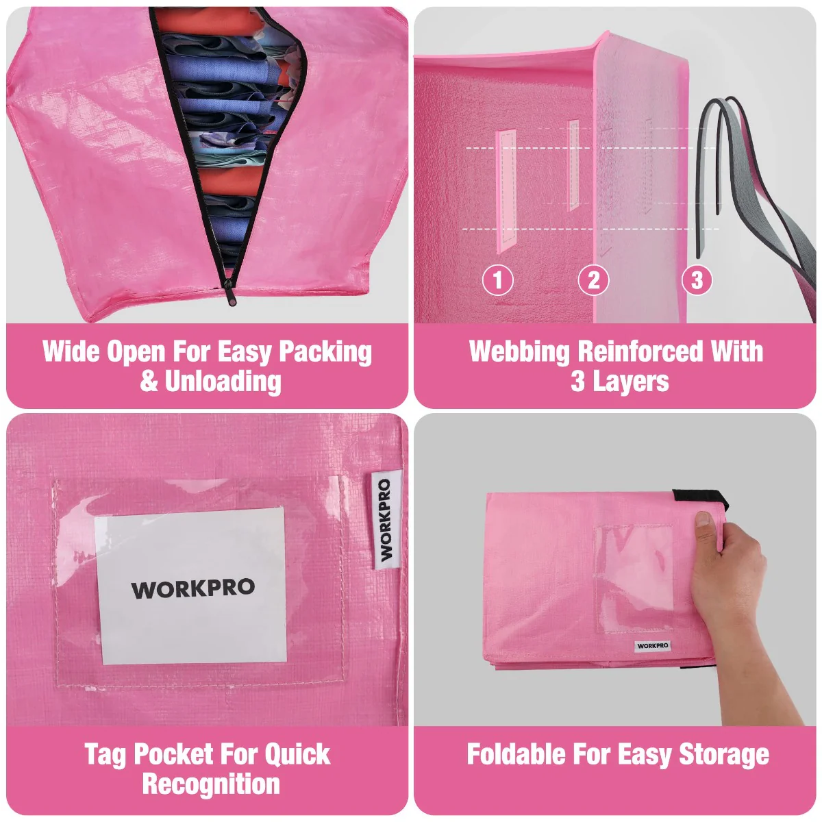 WORKPRO 6 Pack Extra Large Heavy-Duty Storage Moving Tote Bags with Zippers & Carrying Handles Backpack Straps - Pink Ribbon - Image 5