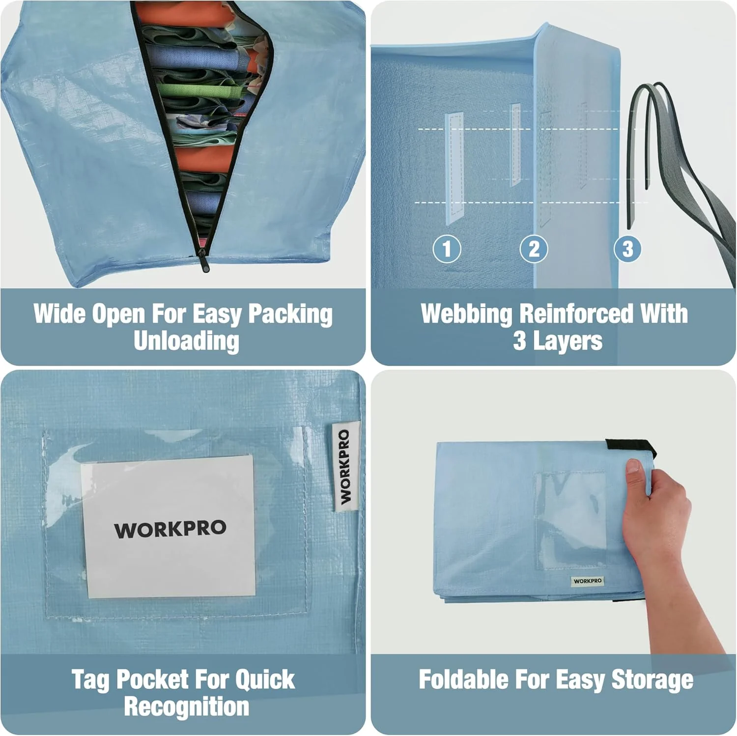 WORKPRO 6 Pack Extra Large Moving Bags with Zippers & Carrying Handles Backpack Straps, Heavy-Duty Storage Tote for Space Saving & Storage, Alternative to Moving Box (Dusty Blue) - Image 5