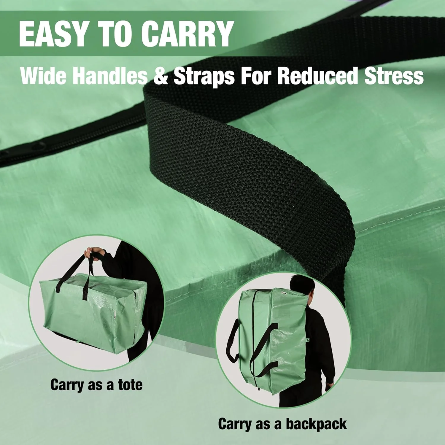 WORKPRO 6 Pack Extra Large Moving Bags with Zippers & Carrying Handles Backpack Straps, Heavy-Duty Storage Tote for Space Saving & Storage, Alternative to Moving Box (Green) - Image 4