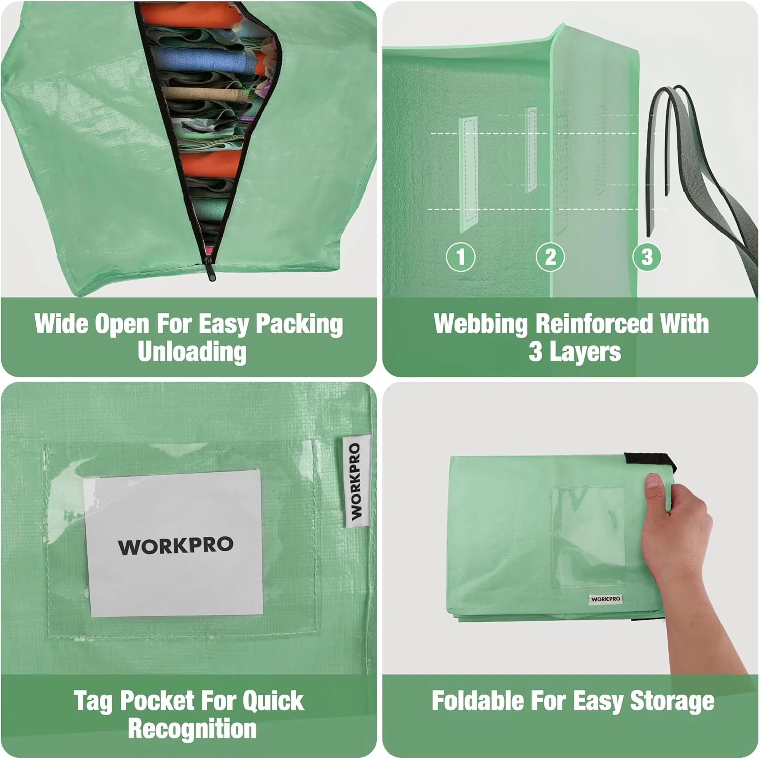 WORKPRO 6 Pack Extra Large Moving Bags with Zippers & Carrying Handles Backpack Straps, Heavy-Duty Storage Tote for Space Saving & Storage, Alternative to Moving Box (Green) - Image 5