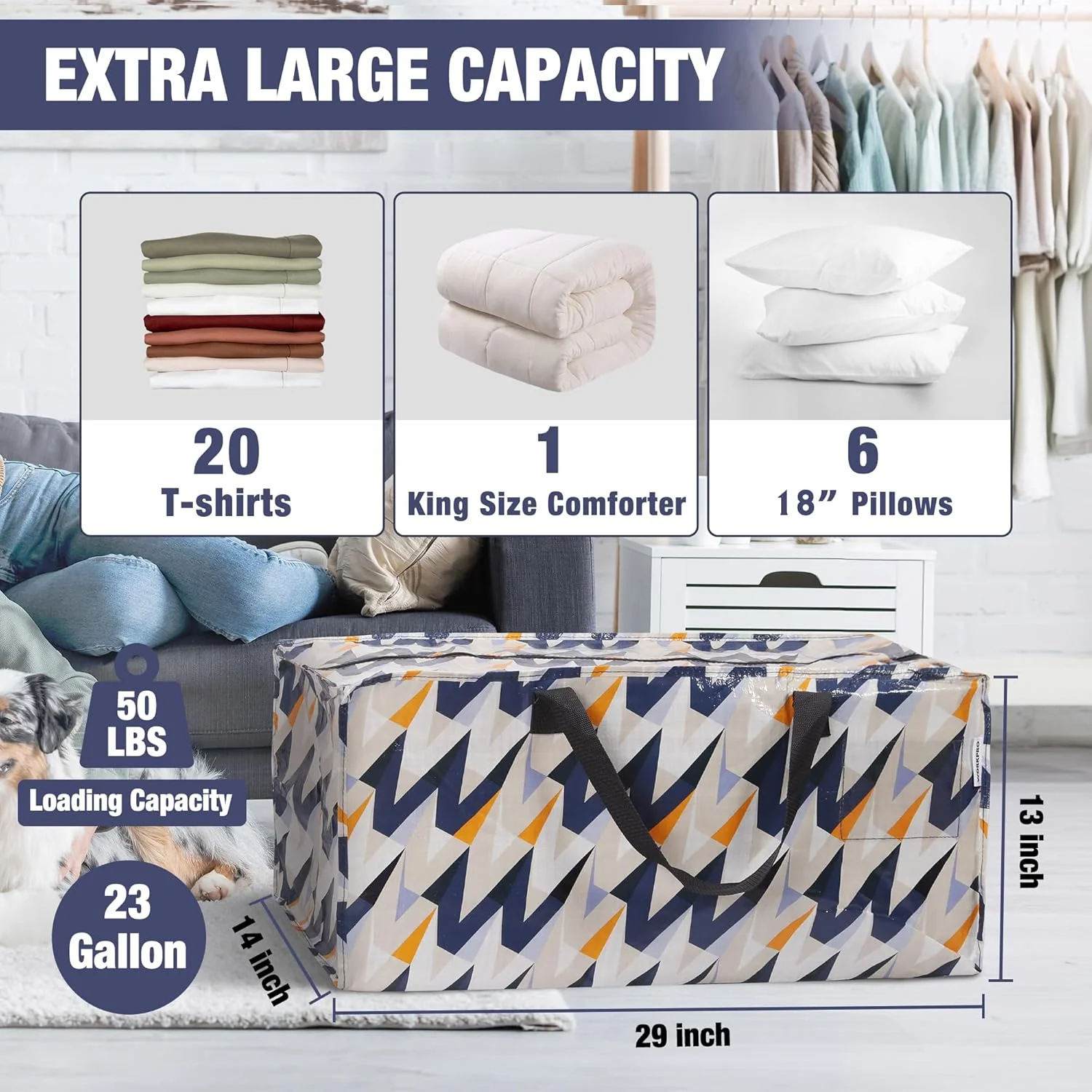 WORKPRO 6 Pack Extra Large Moving Bags with Zippers & Carrying Handles Backpack Straps, Heavy-Duty Storage Tote for Space Saving & Storage, Alternative to Moving Box (W - Alphabet Printing) - Image 4