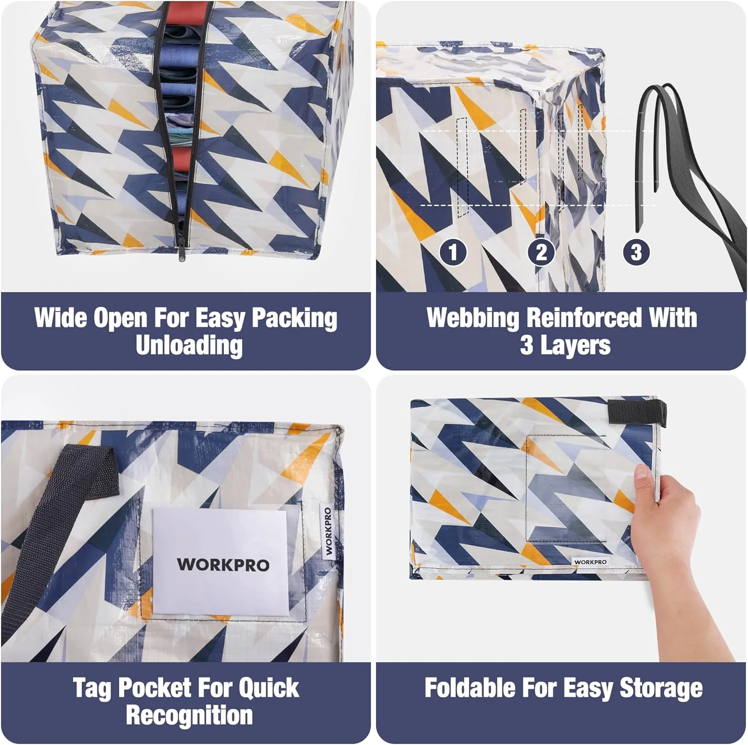 WORKPRO 6 Pack Extra Large Moving Bags with Zippers & Carrying Handles Backpack Straps, Heavy-Duty Storage Tote for Space Saving & Storage, Alternative to Moving Box (W - Alphabet Printing) - Image 5