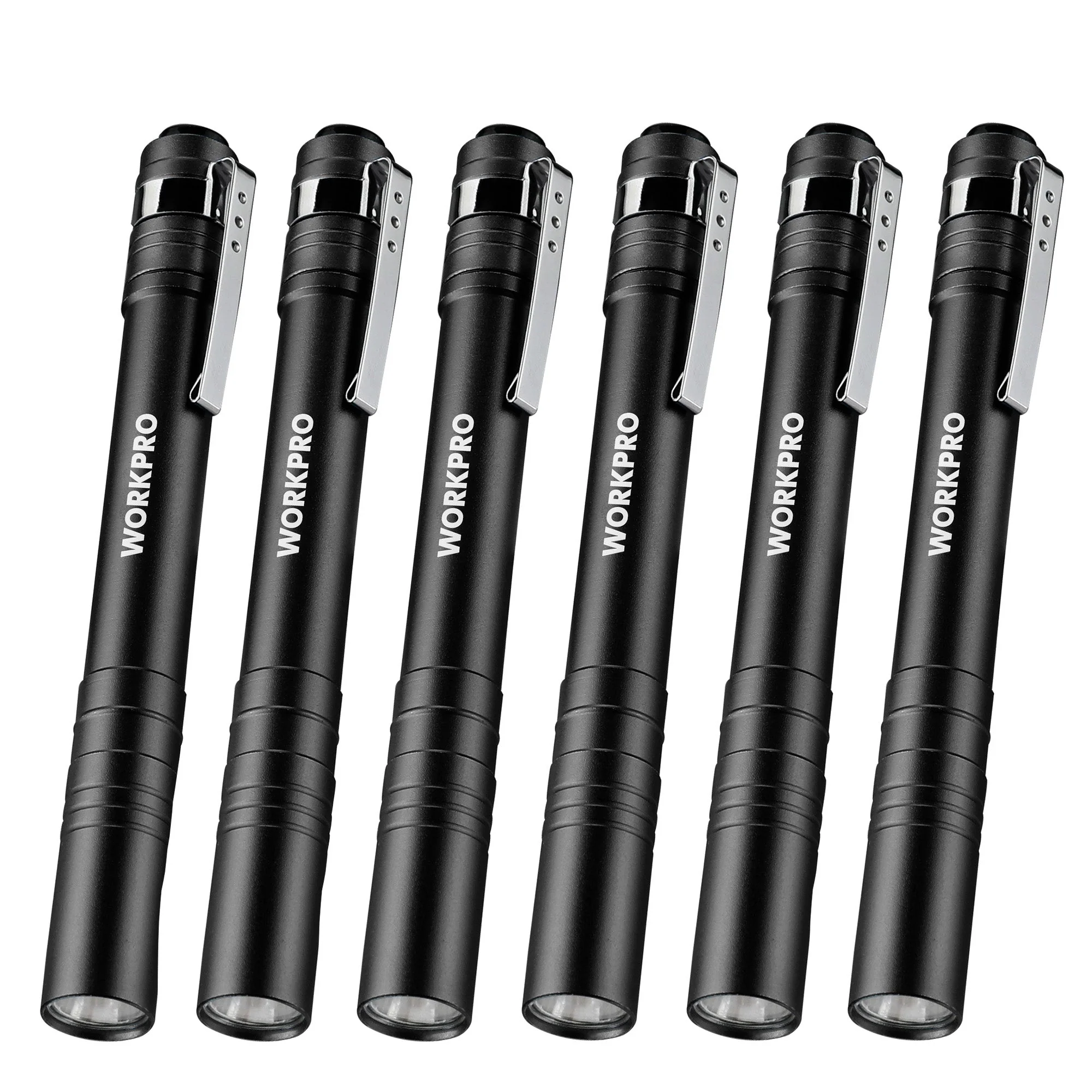 WORKPRO 6-Pack LED Pen Light, Aluminum Pen Flashlights, Pocket Flashlight with Clip for Inspection, Emergency, Everyday, 2AAA Batteries Included, Black