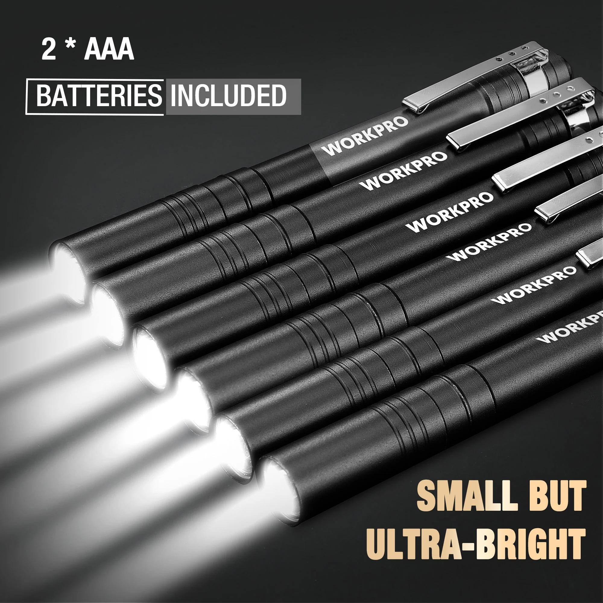 WORKPRO 6-Pack LED Pen Light, Aluminum Pen Flashlights, Pocket Flashlight with Clip for Inspection, Emergency, Everyday, 2AAA Batteries Included, Black - Image 5
