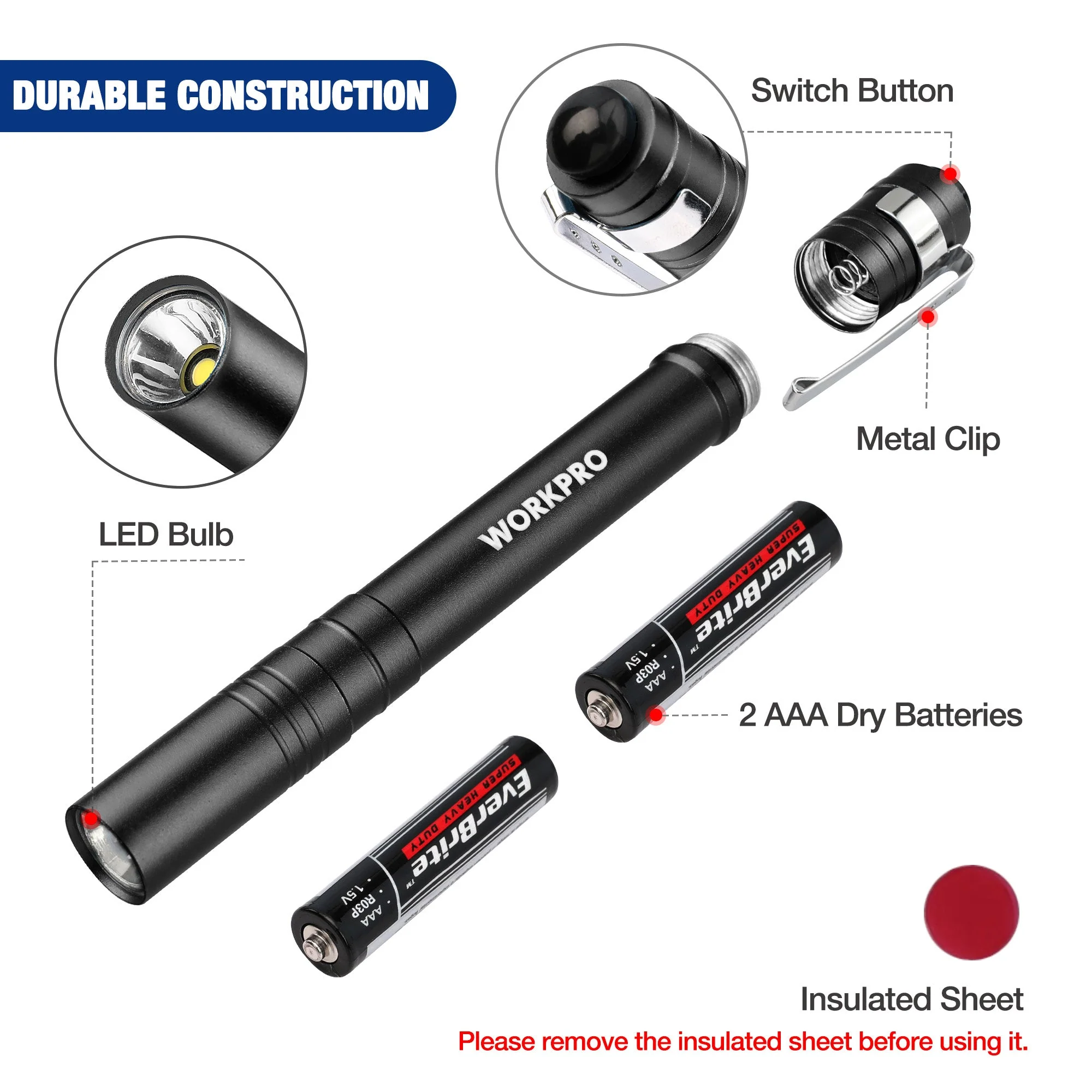 WORKPRO 6-Pack LED Pen Light, Aluminum Pen Flashlights, Pocket Flashlight with Clip for Inspection, Emergency, Everyday, 2AAA Batteries Included, Black - Image 6