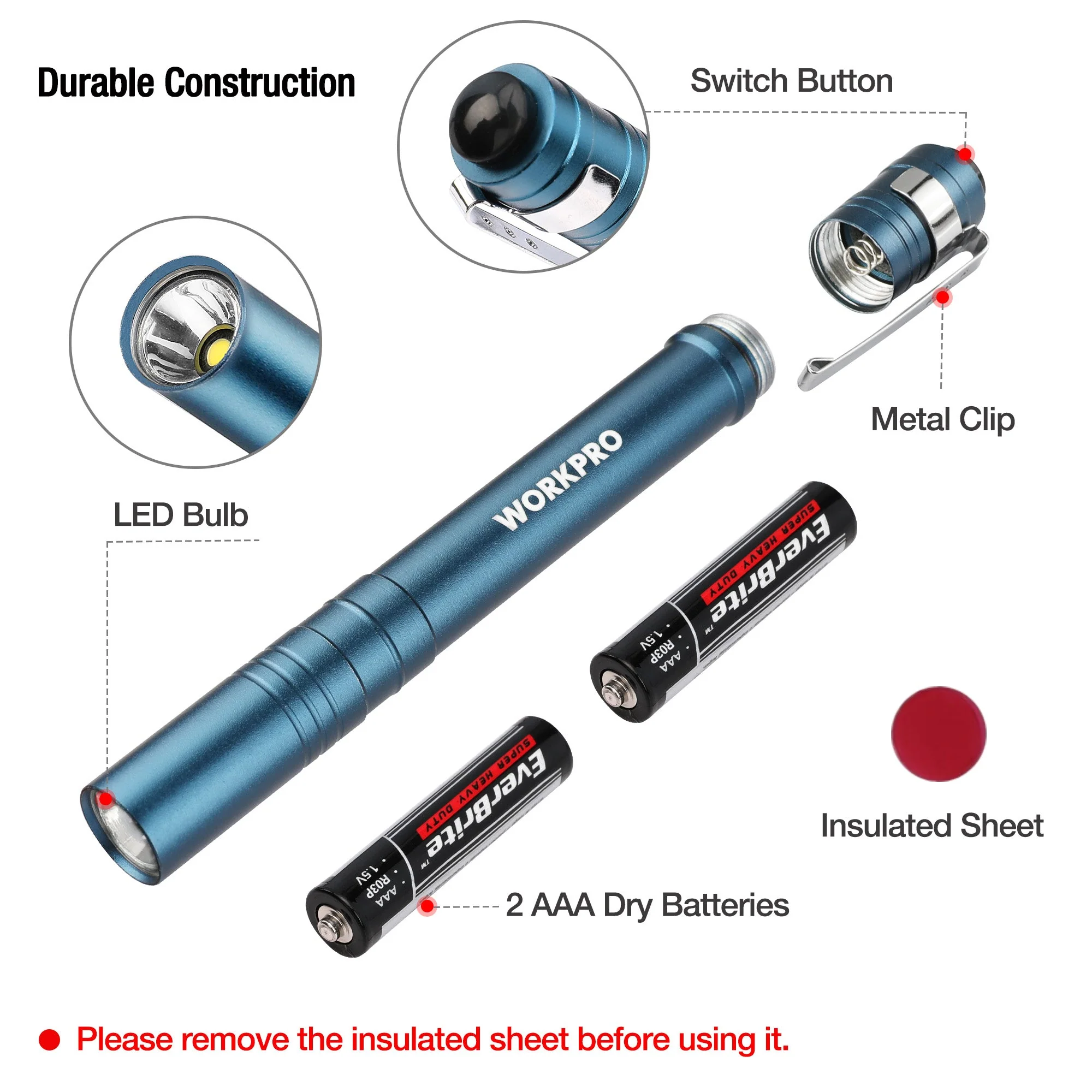 WORKPRO 6-Pack LED Pen Light, Aluminum Pen Flashlights, Pocket Flashlight with Clip for Inspection, Emergency, Everyday, 2AAA Batteries Included, Blue - Image 7