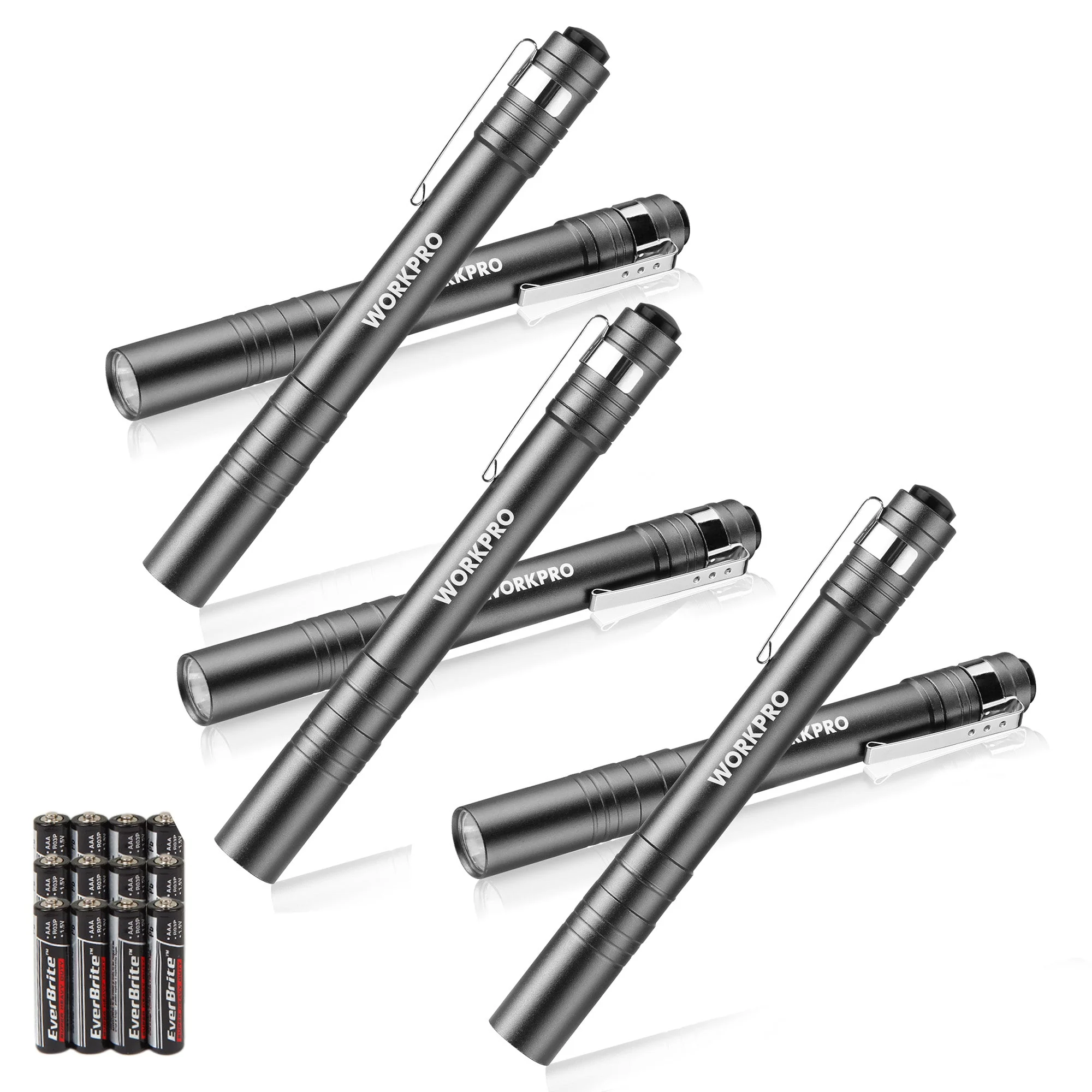 WORKPRO 6-Pack LED Pen Light, Aluminum Pen Flashlights, Pocket Flashlight with Clip for Inspection, Emergency, Everyday, 2AAA Batteries Included, Gray - Image 2