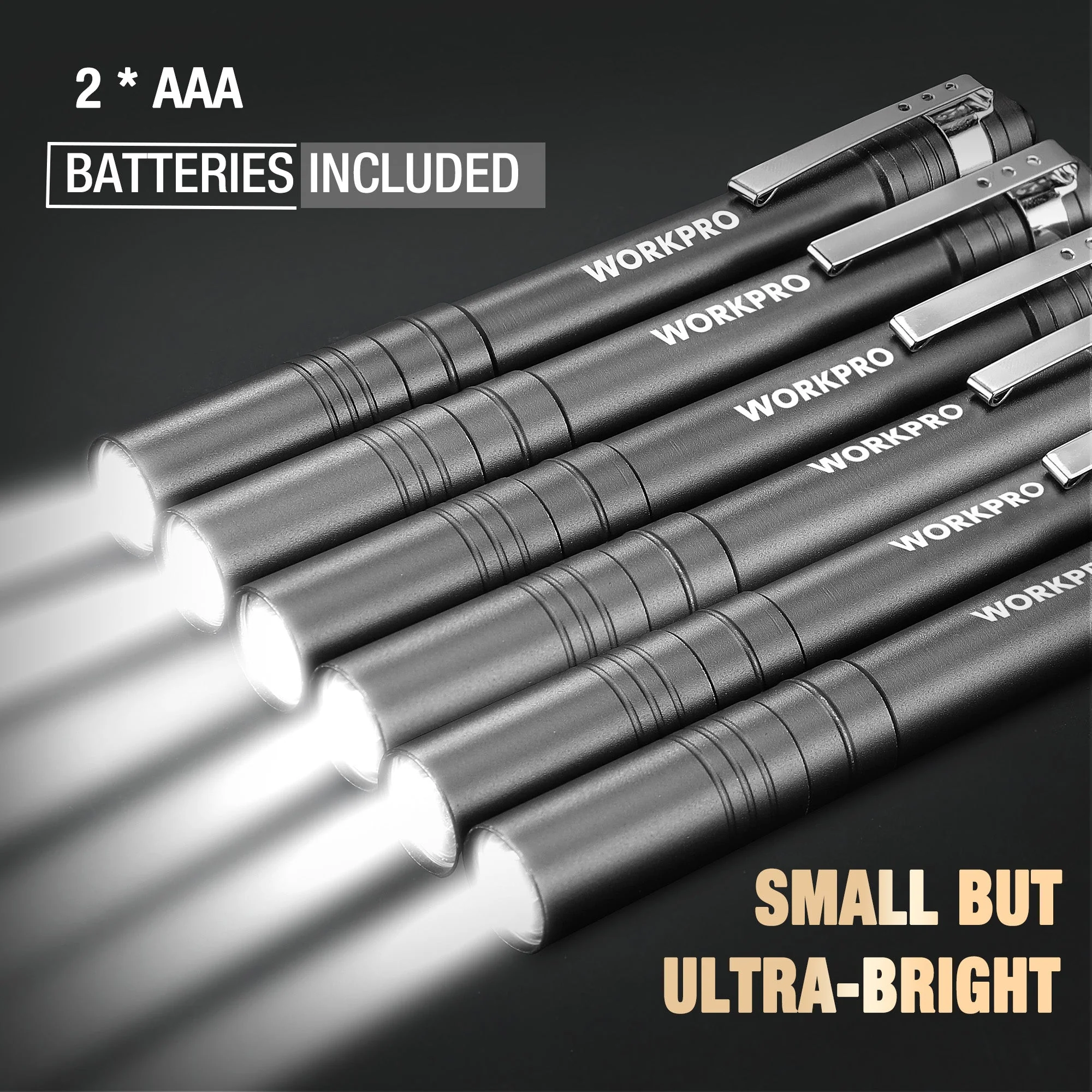 WORKPRO 6-Pack LED Pen Light, Aluminum Pen Flashlights, Pocket Flashlight with Clip for Inspection, Emergency, Everyday, 2AAA Batteries Included, Gray - Image 4
