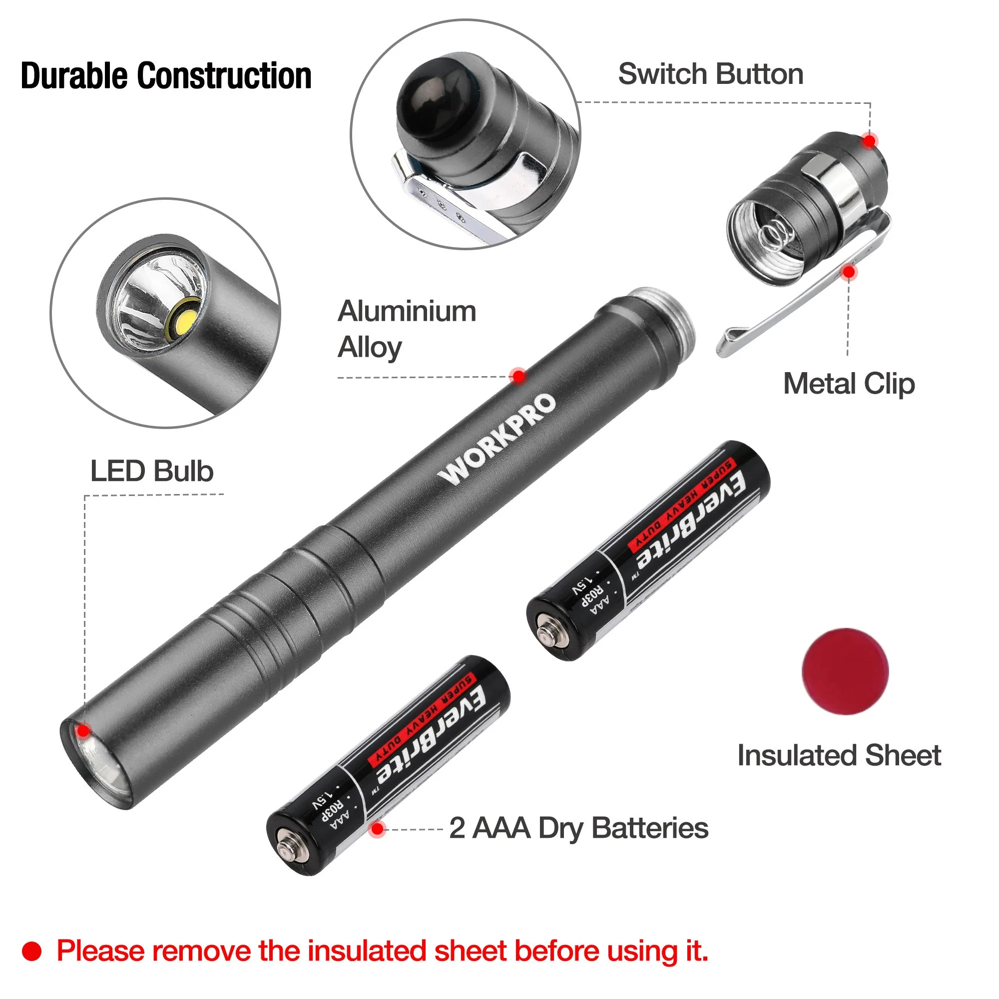 WORKPRO 6-Pack LED Pen Light, Aluminum Pen Flashlights, Pocket Flashlight with Clip for Inspection, Emergency, Everyday, 2AAA Batteries Included, Gray - Image 6