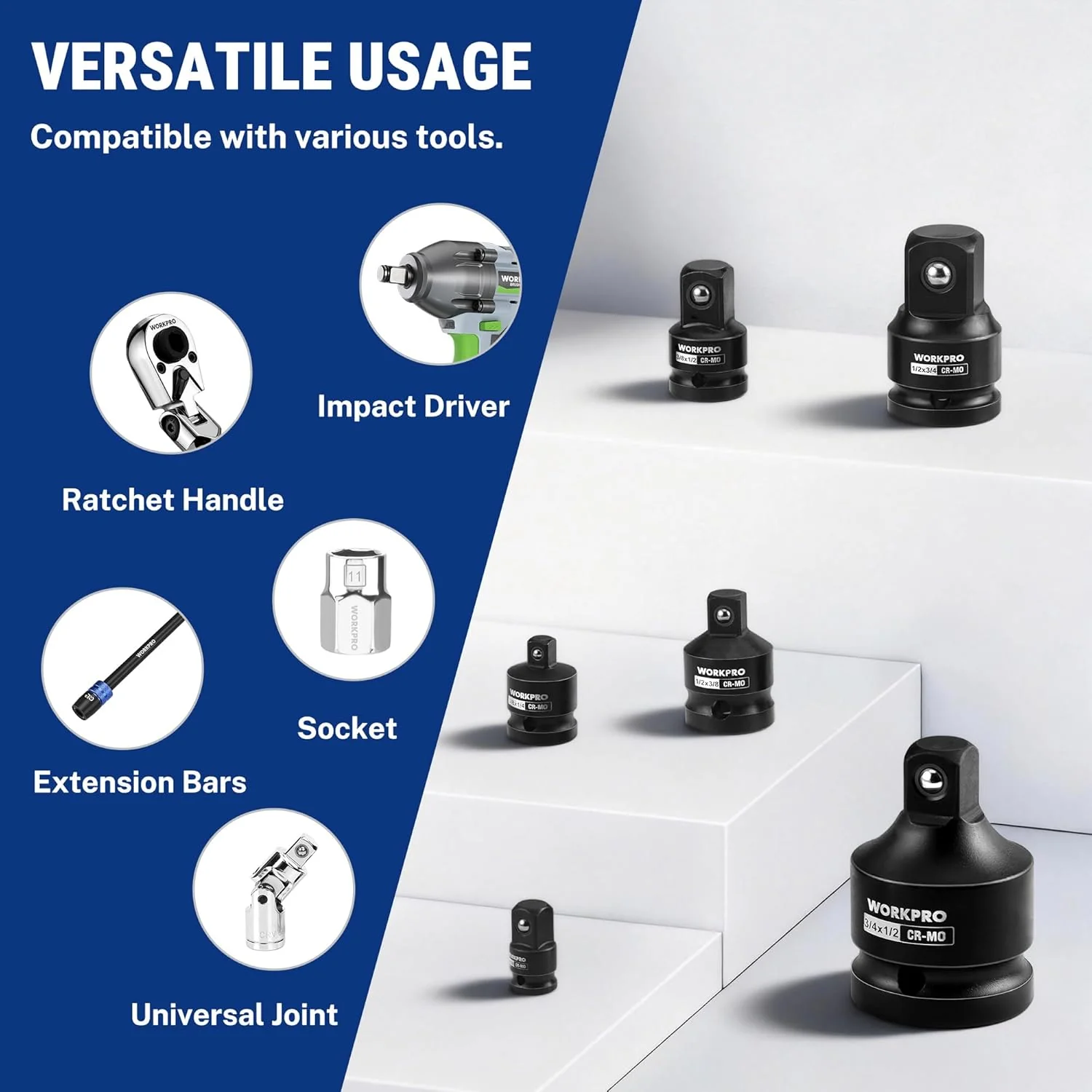 WORKPRO 6-PC Impact Socket Adapter Set with Case, CR-MO Steel | 1/4",3/8",1/2",3/4" Drive, Impact Wrench Conversion Kit, Automotive & Mechanical Repair, Impact Grade - Image 6