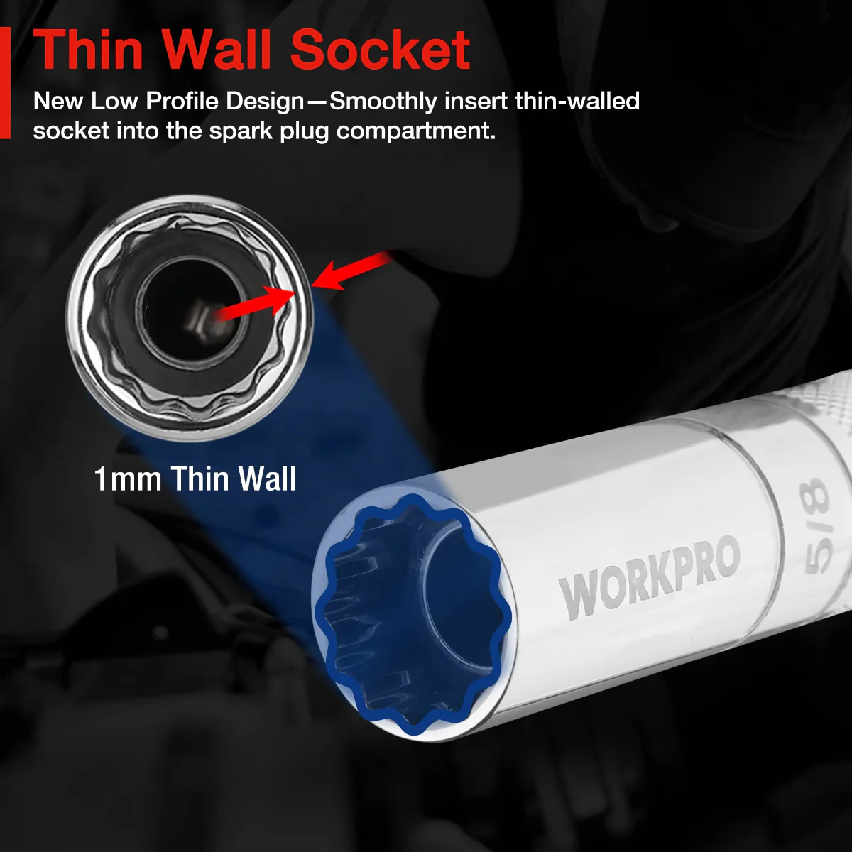 WORKPRO 6 Pcs-9/16-inch, 5/8-inch, 13/16-inch, 14MM Thin Wall Sockets with 4, 6, 11-inch Extensions Magnetic Swivel Spark Plug Socket Set - Image 3