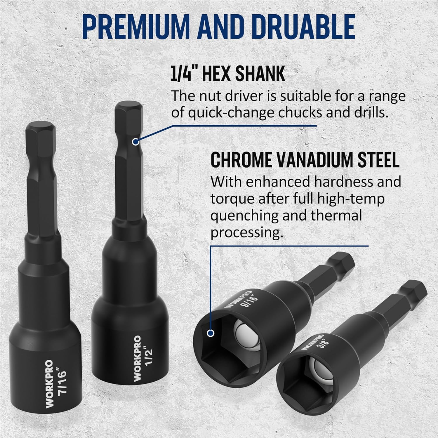 WORKPRO 6 PCS Magnetic Nut Driver Set, 1/4" Hex Shank, Drill Socket Set, Impact Driver Bit Set, 1/4” to 9/16”, Chrome Vanadium Steel, SAE - Image 3