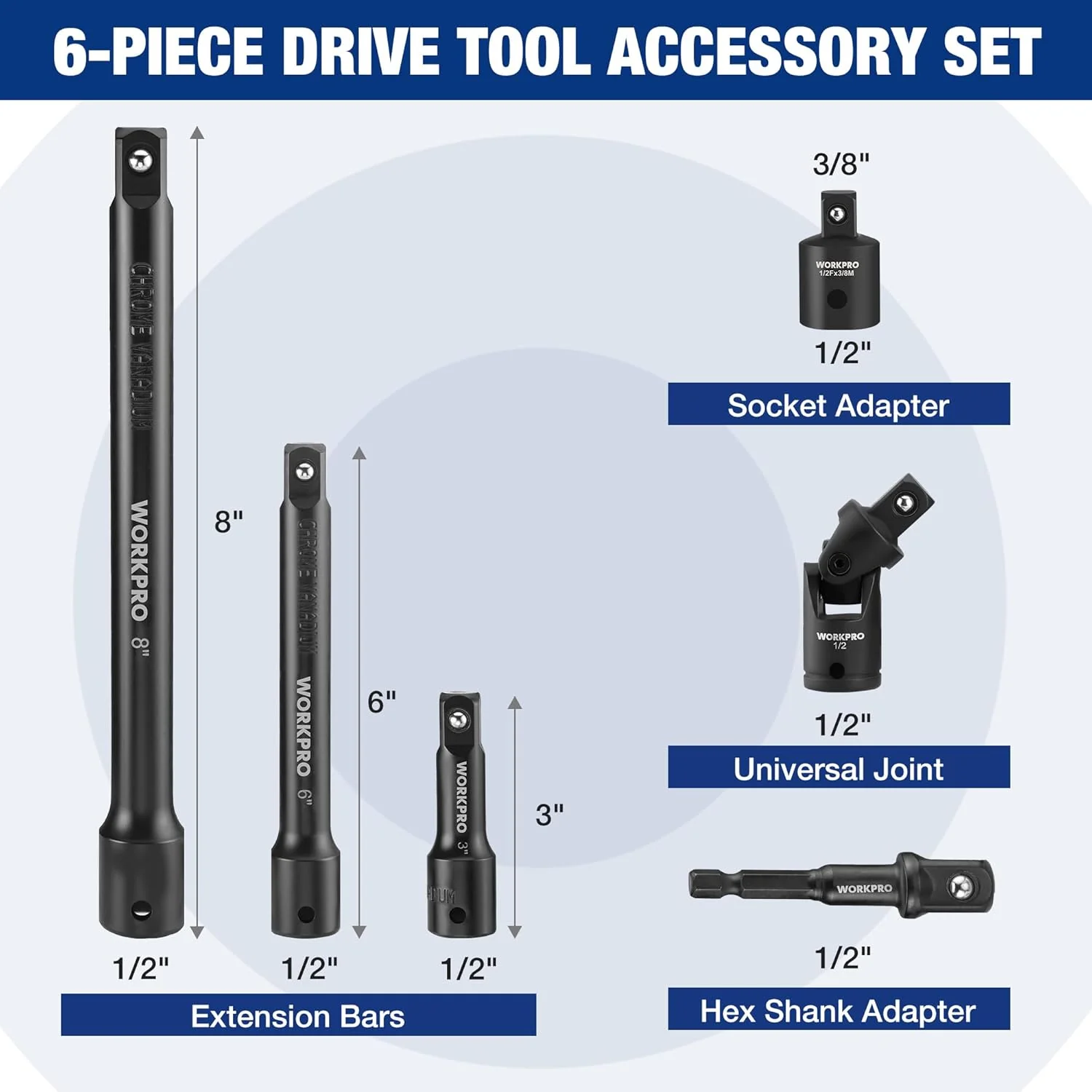 WORKPRO 6-Piece 1/2" Drive Impact Socket Extension Set, Includes 3", 6", 8" Extension Bars, Universal Joint and Socket Adapter, Premium CR-V Steel with Black Phosphate Finish - Image 2