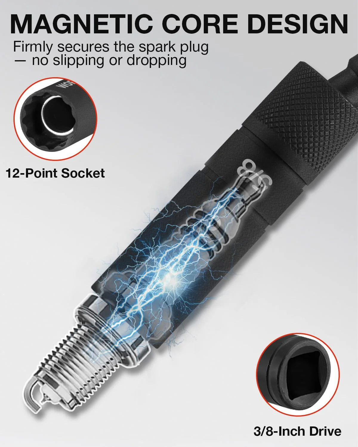 WORKPRO 6-Piece 3/8" Drive Magnetic Spark Plug Socket Set 12-Point, Includes 9/16", 5/8", 13/16", 14mm Sockets with 4", 6", 11" Extensions for Automotive Repair - Image 5