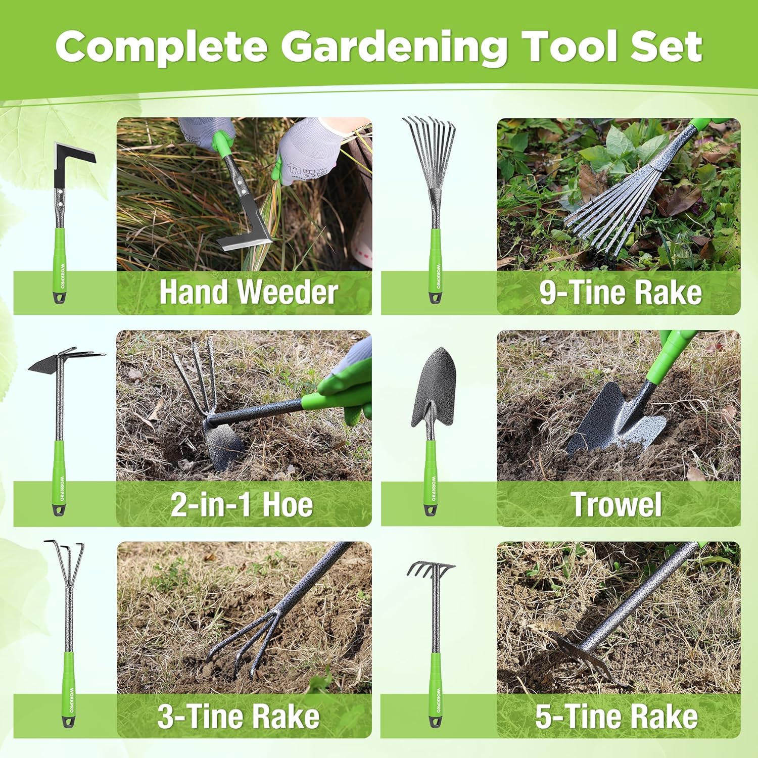 WORKPRO 6-Piece Garden Tool Set, Heavy Duty Gardening Hand Tools with Soft Rubber Handle, Including Trowel, Rakes, 2-in-1 Hoe and Crack Weeder, Ideal Gardening Gifts for Men and Women - Image 6