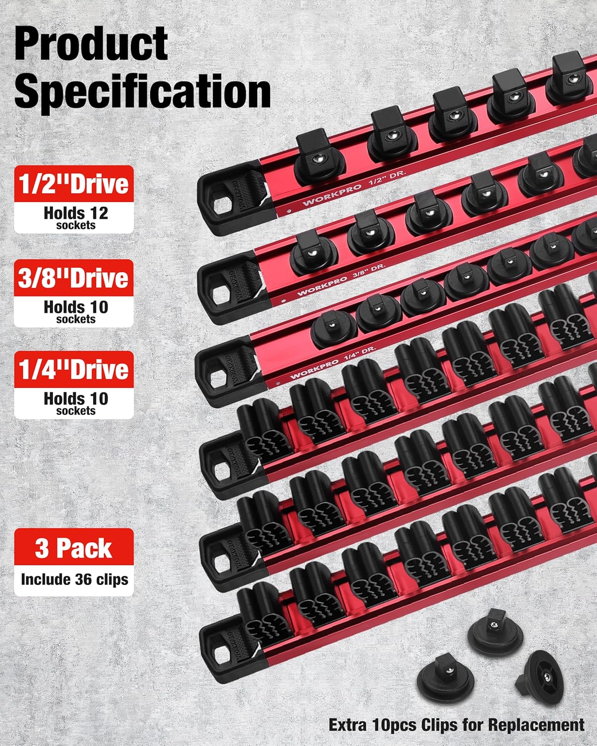 WORKPRO 6-Piece Magnetic Socket Organizer and Magnetic Screwdriver Organizer Set, 3-Piece 1/4", 3/8" & 1/2" Drive Metric & SAE Socket Rail, 3-Piece Screwdriver and Wrench Holder(Sockets not Included) - Image 2