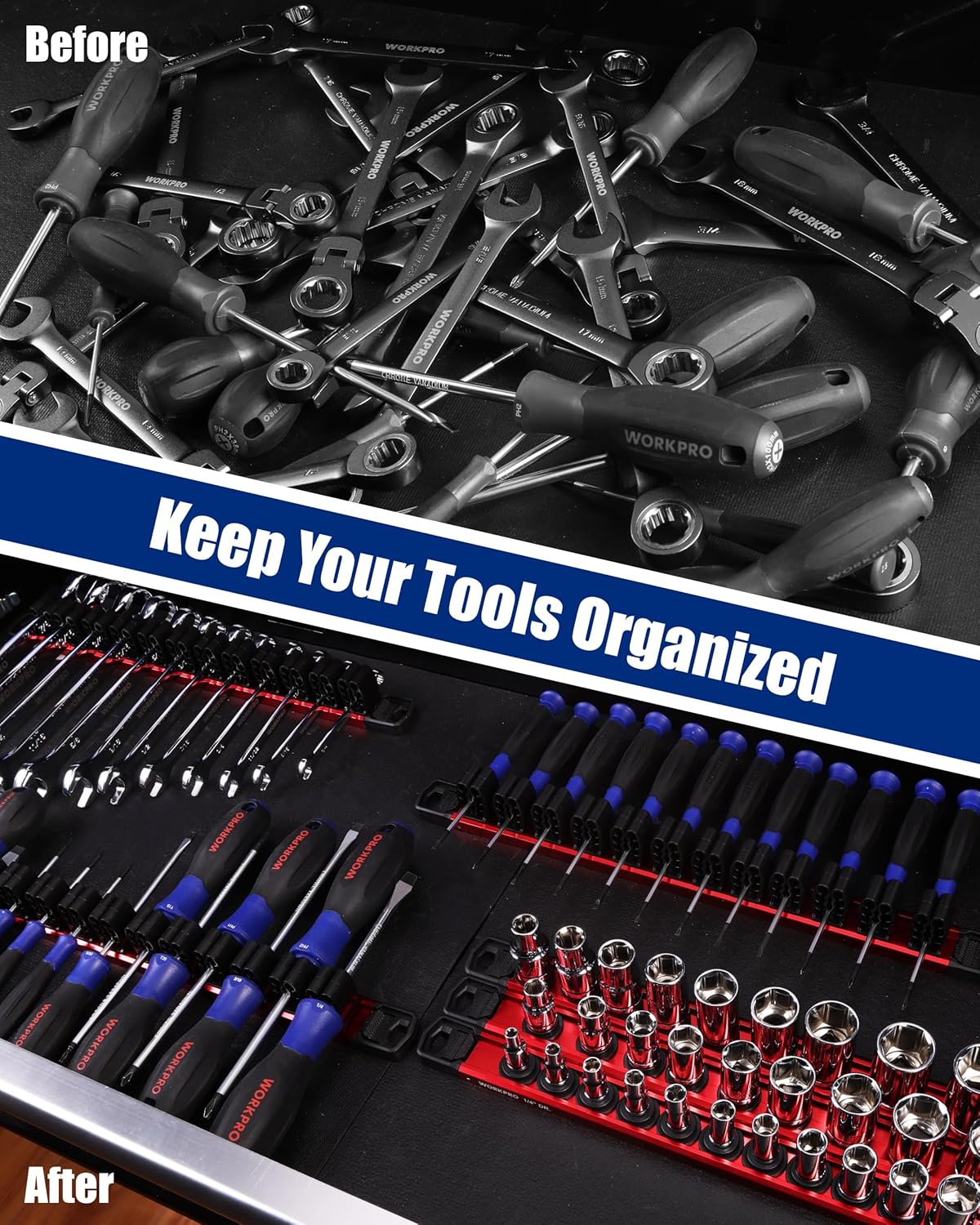 WORKPRO 6-Piece Magnetic Socket Organizer and Magnetic Screwdriver Organizer Set, 3-Piece 1/4", 3/8" & 1/2" Drive Metric & SAE Socket Rail, 3-Piece Screwdriver and Wrench Holder(Sockets not Included) - Image 3
