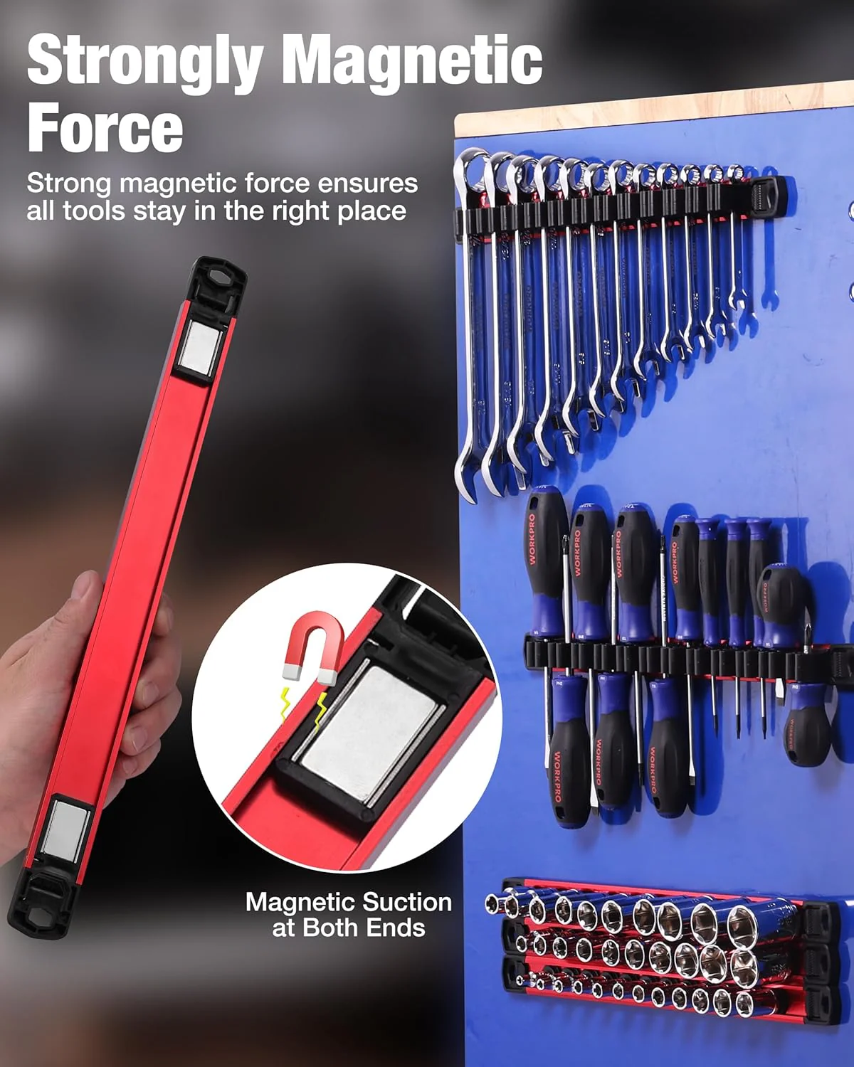 WORKPRO 6-Piece Magnetic Socket Organizer and Magnetic Screwdriver Organizer Set, 3-Piece 1/4", 3/8" & 1/2" Drive Metric & SAE Socket Rail, 3-Piece Screwdriver and Wrench Holder(Sockets not Included) - Image 4