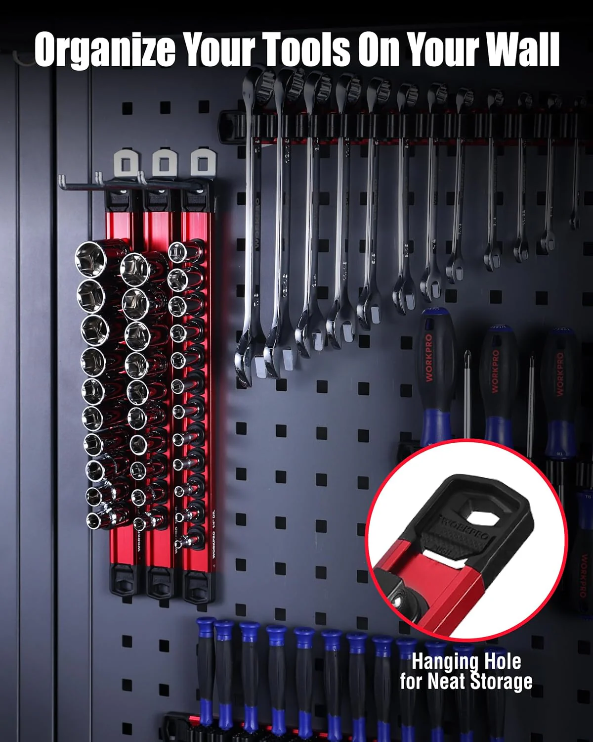 WORKPRO 6-Piece Magnetic Socket Organizer and Magnetic Screwdriver Organizer Set, 3-Piece 1/4", 3/8" & 1/2" Drive Metric & SAE Socket Rail, 3-Piece Screwdriver and Wrench Holder(Sockets not Included) - Image 8