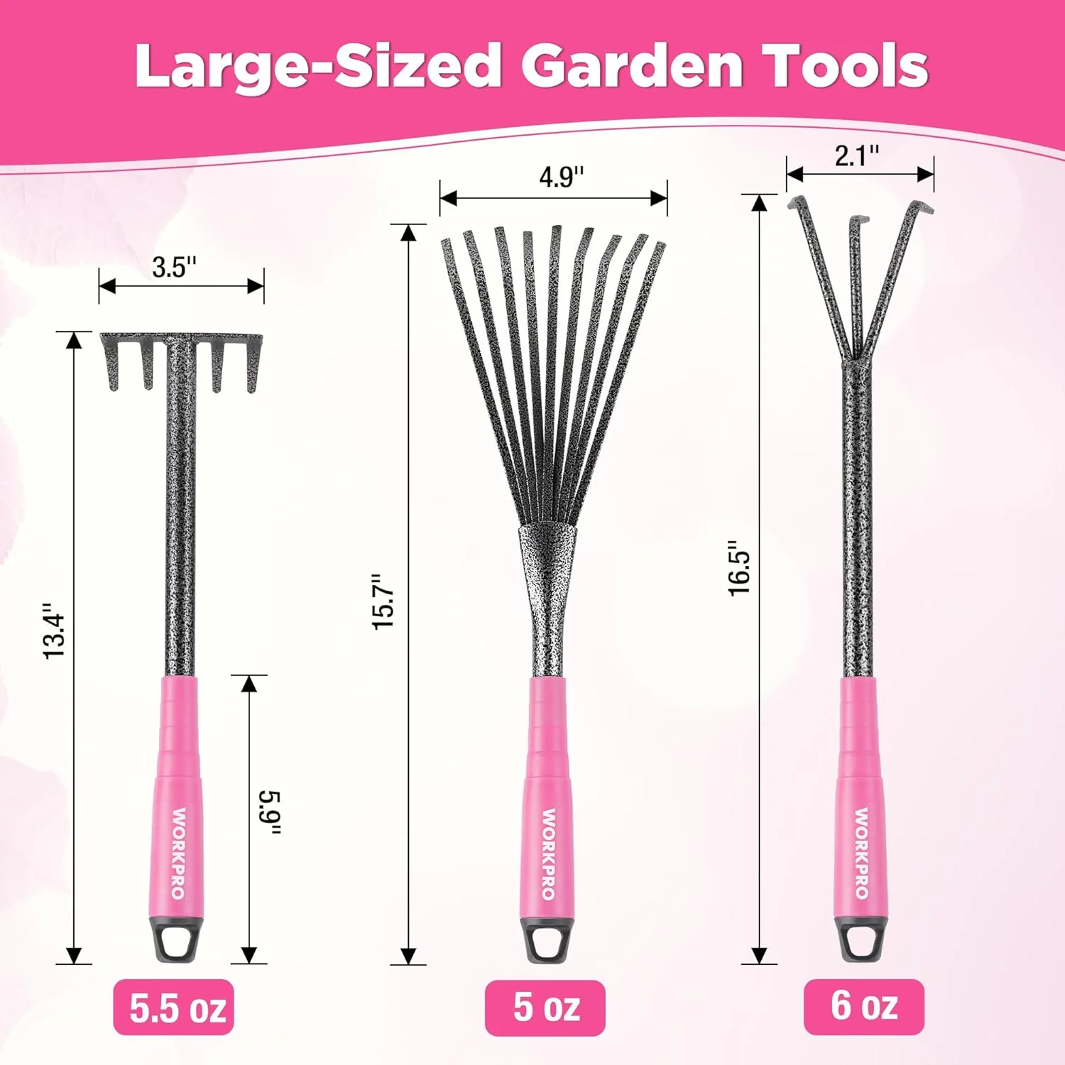 WORKPRO 6-Piece Pink Garden Tool Set, Heavy Duty Gardening Hand Tools with Soft Rubber Handle, Including Trowel, Rakes, 2-in-1 Hoe and Crack Weeder, Ideal Gardening Gifts for Men and Women - Image 3