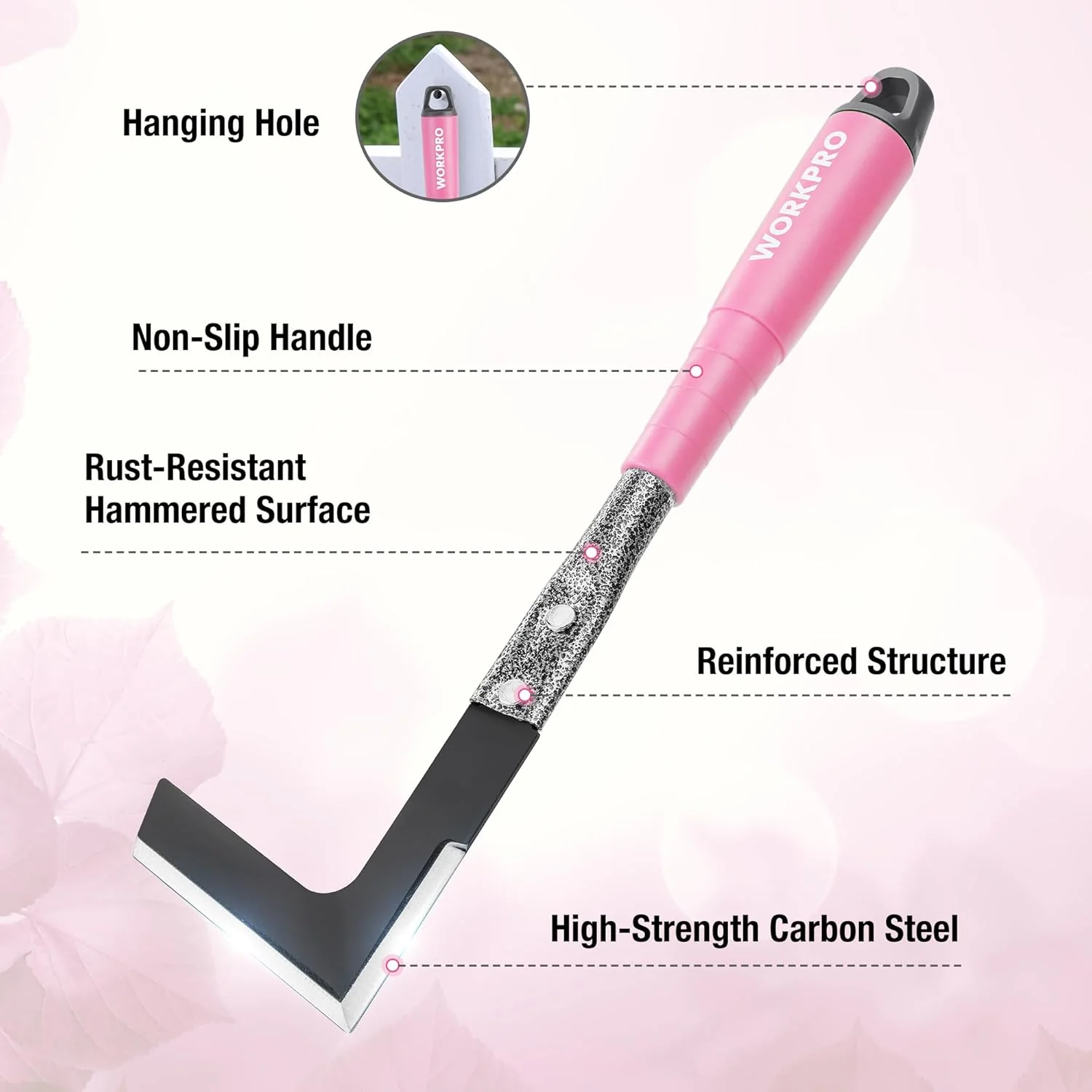 WORKPRO 6-Piece Pink Garden Tool Set, Heavy Duty Gardening Hand Tools with Soft Rubber Handle, Including Trowel, Rakes, 2-in-1 Hoe and Crack Weeder, Ideal Gardening Gifts for Men and Women - Image 4