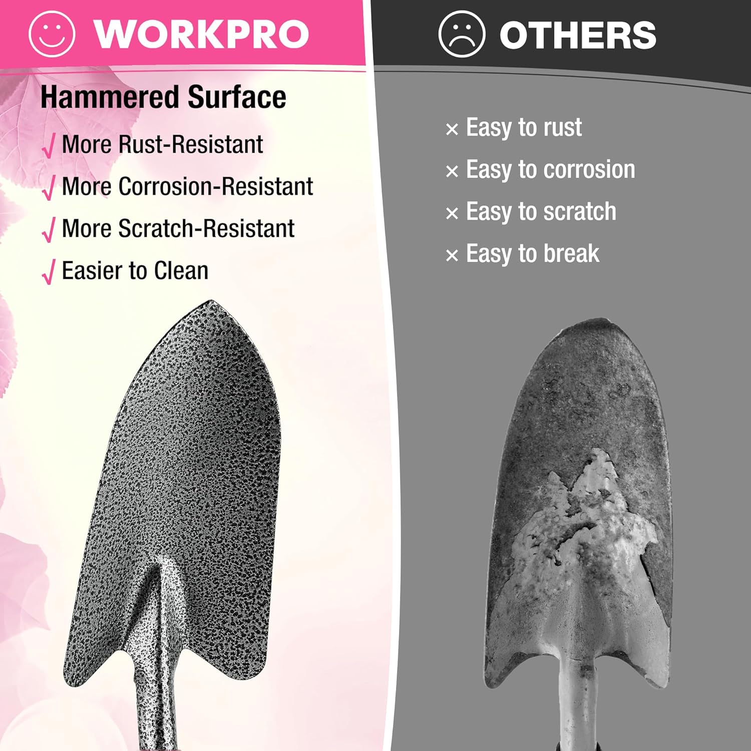 WORKPRO 6-Piece Pink Garden Tool Set, Heavy Duty Gardening Hand Tools with Soft Rubber Handle, Including Trowel, Rakes, 2-in-1 Hoe and Crack Weeder, Ideal Gardening Gifts for Men and Women - Image 5