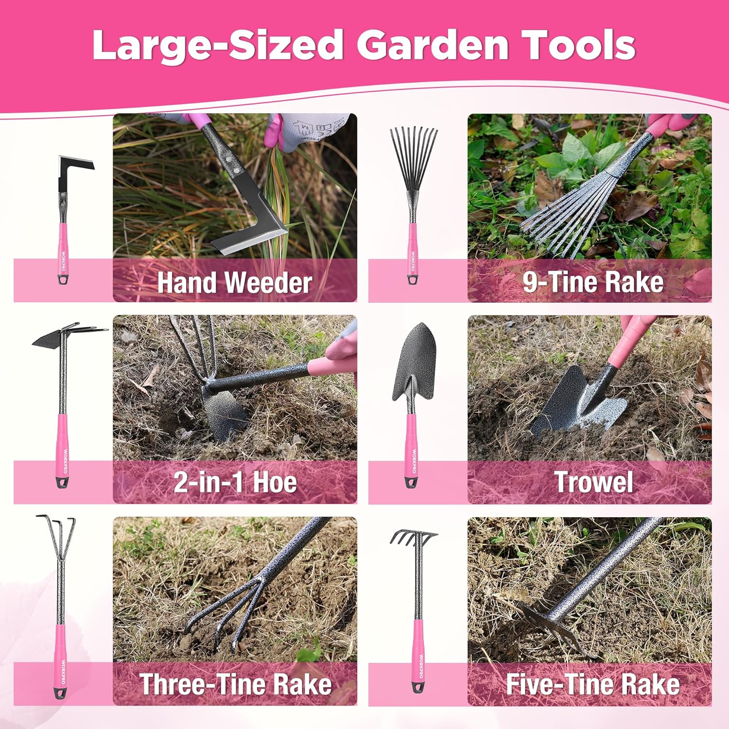 WORKPRO 6-Piece Pink Garden Tool Set, Heavy Duty Gardening Hand Tools with Soft Rubber Handle, Including Trowel, Rakes, 2-in-1 Hoe and Crack Weeder, Ideal Gardening Gifts for Men and Women - Image 6