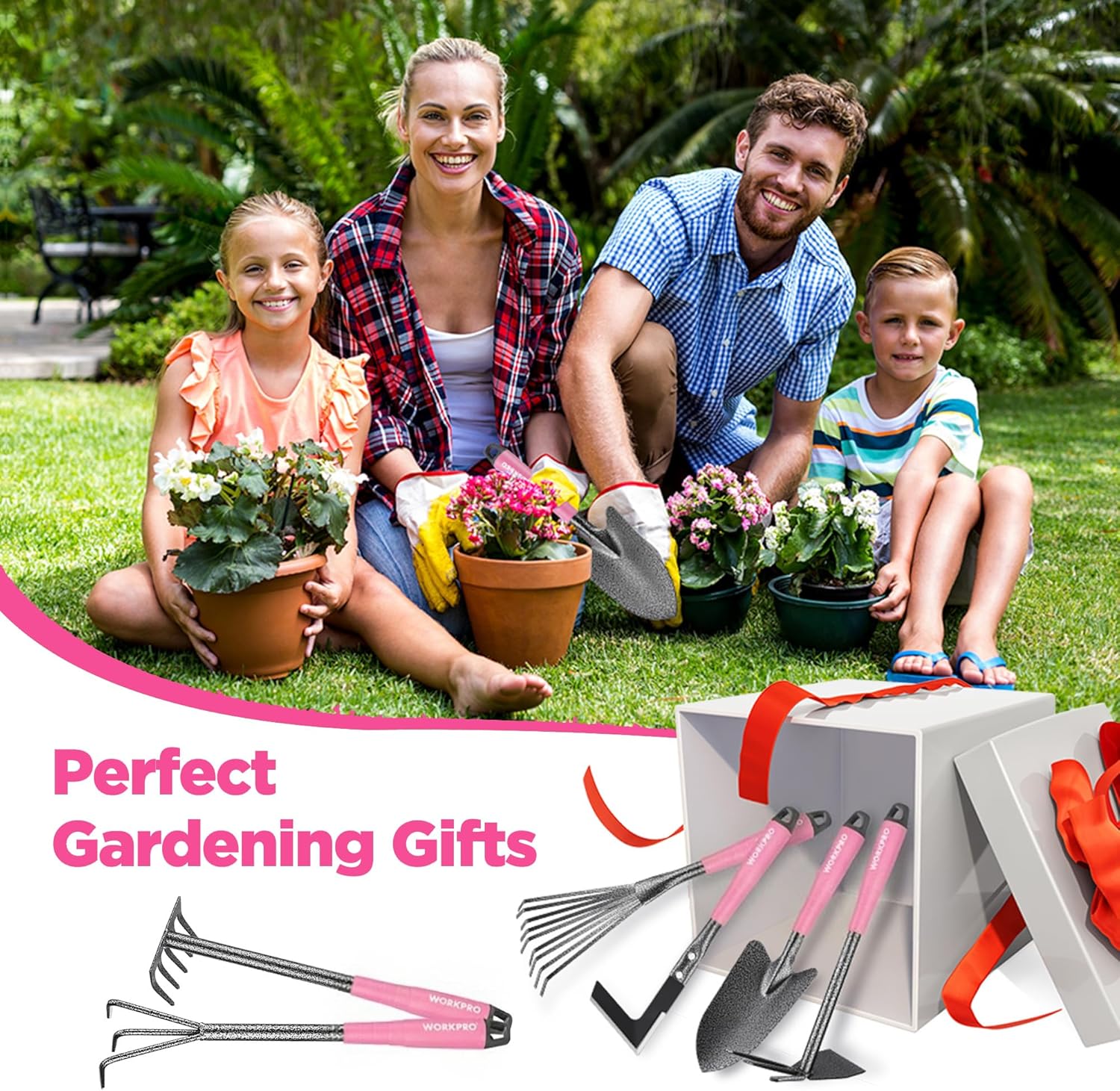 WORKPRO 6-Piece Pink Garden Tool Set, Heavy Duty Gardening Hand Tools with Soft Rubber Handle, Including Trowel, Rakes, 2-in-1 Hoe and Crack Weeder, Ideal Gardening Gifts for Men and Women - Image 8