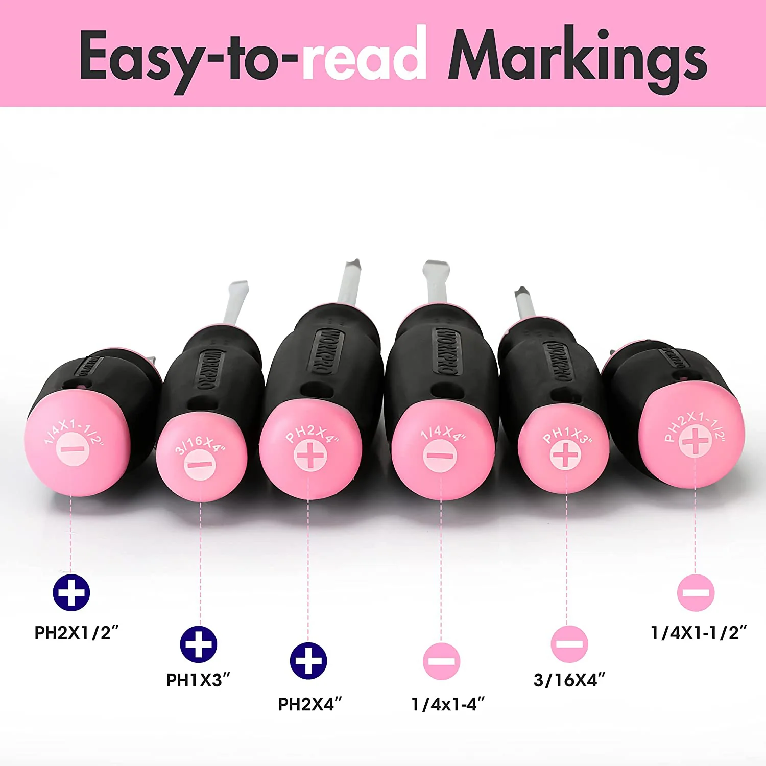 WORKPRO 6 Pcs Pink Magnetic Screwdrivers Set - Pink Ribbon - Image 2